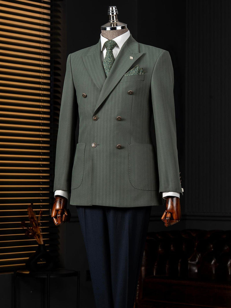 Green Striped Double Breasted Blazer