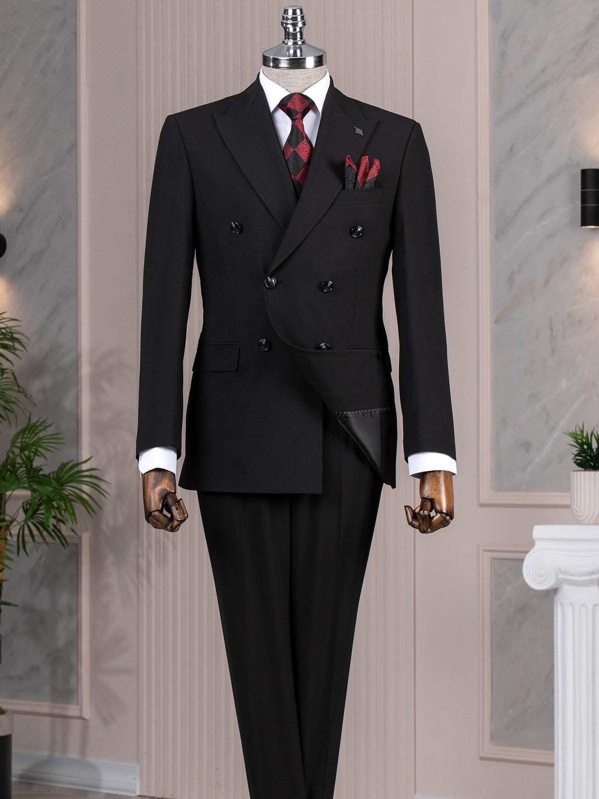 Black double-breasted suit – classic 2-piece with peaked lapels, front view