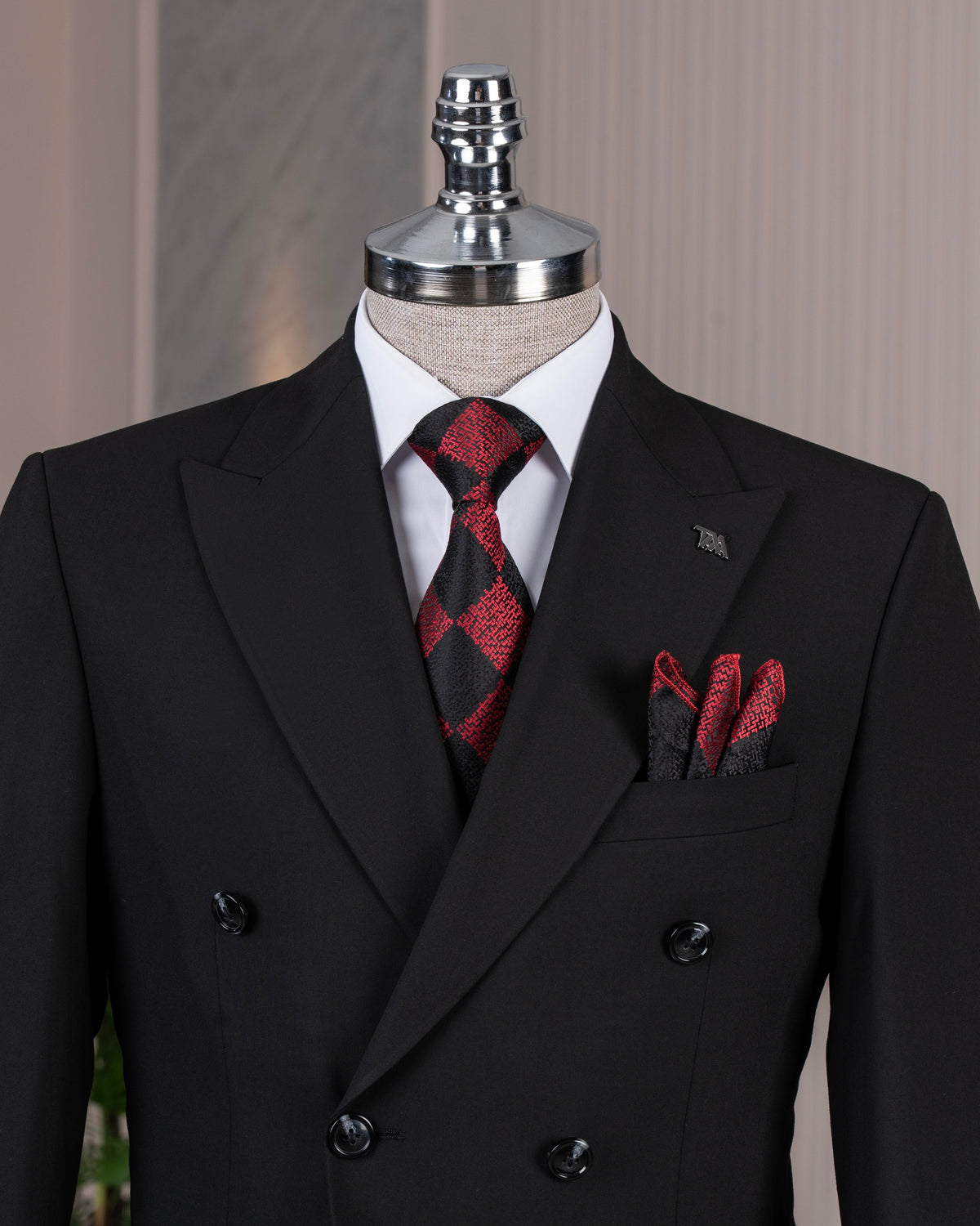 Black double-breasted suit – tailored jacket and trousers, back view