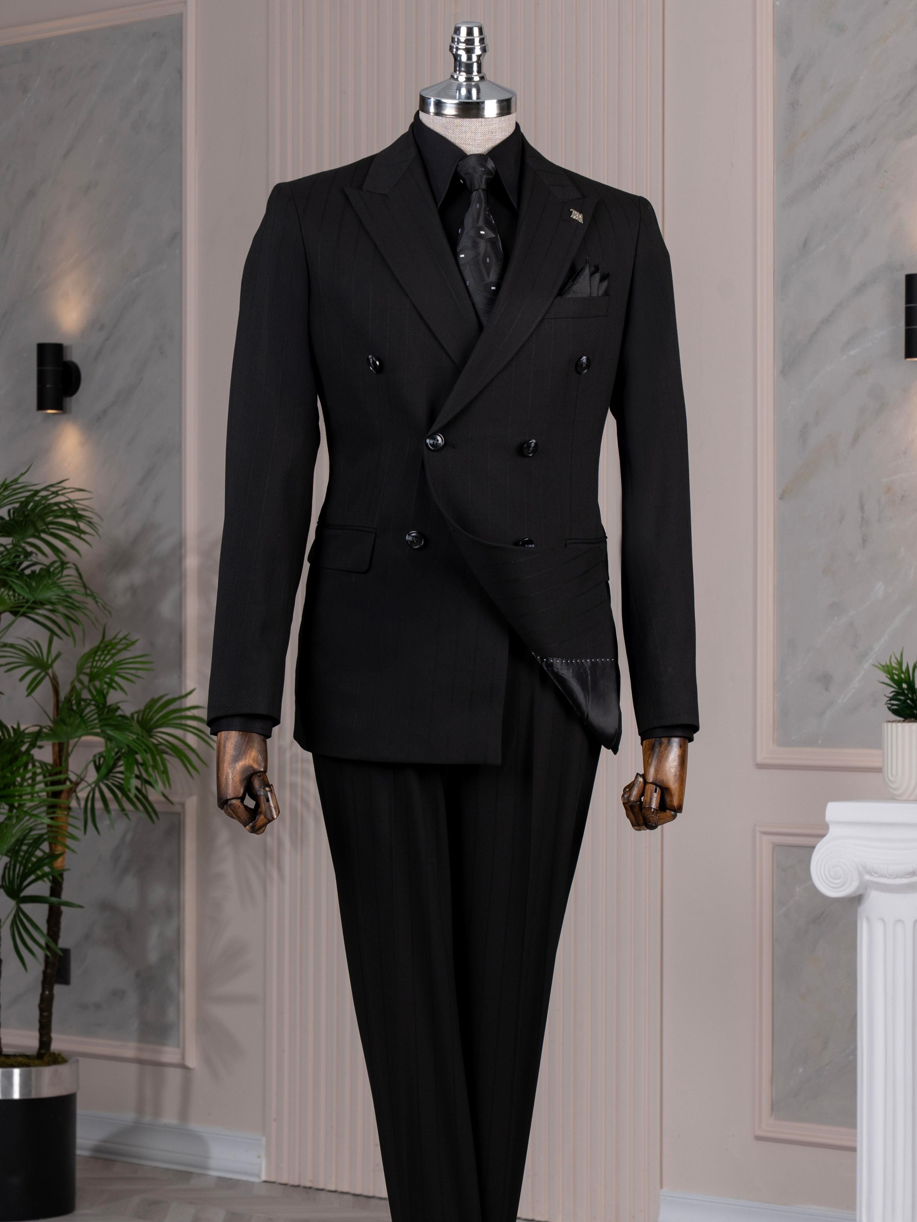 Black Striped Double Breasted Suit 2-Piece