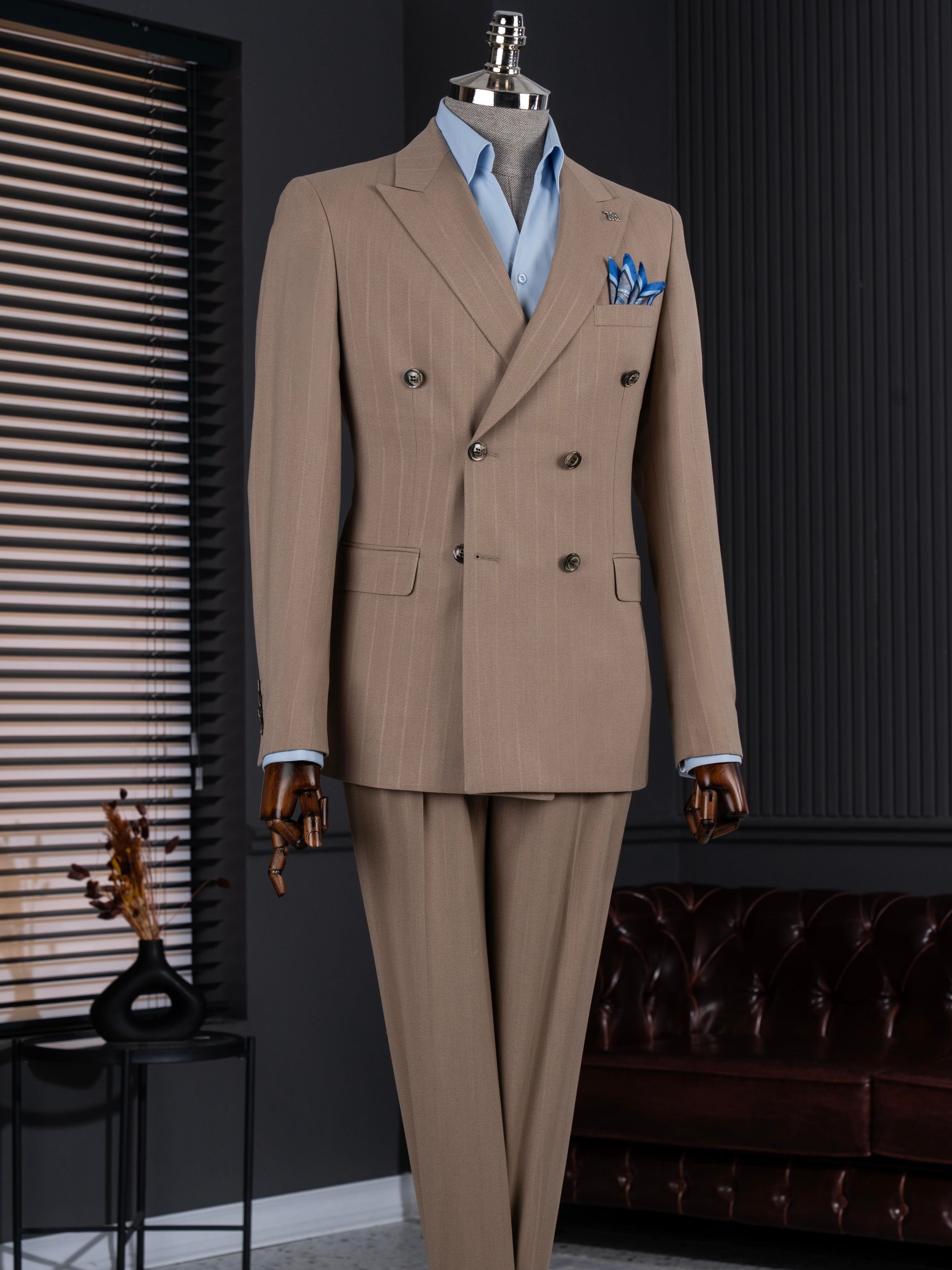 Camel Striped Double Breasted Suit 2-Piece