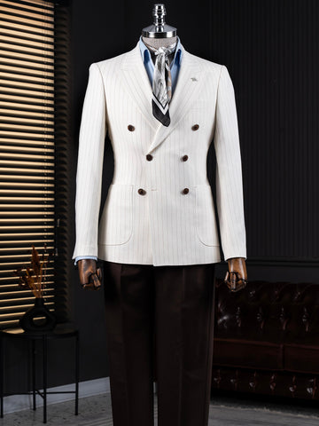 Light Beige Striped Double Breasted Blazer
