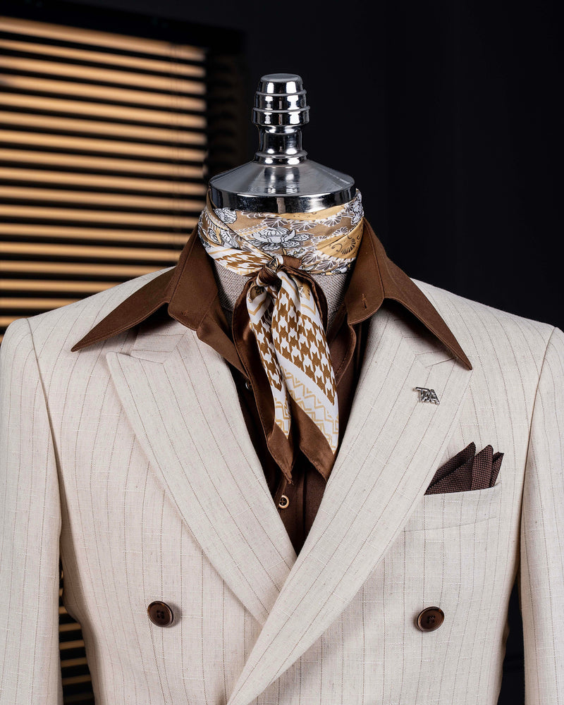 Beige Striped Double Breasted Blazer