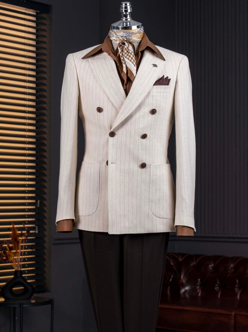 Beige Striped Double Breasted Blazer