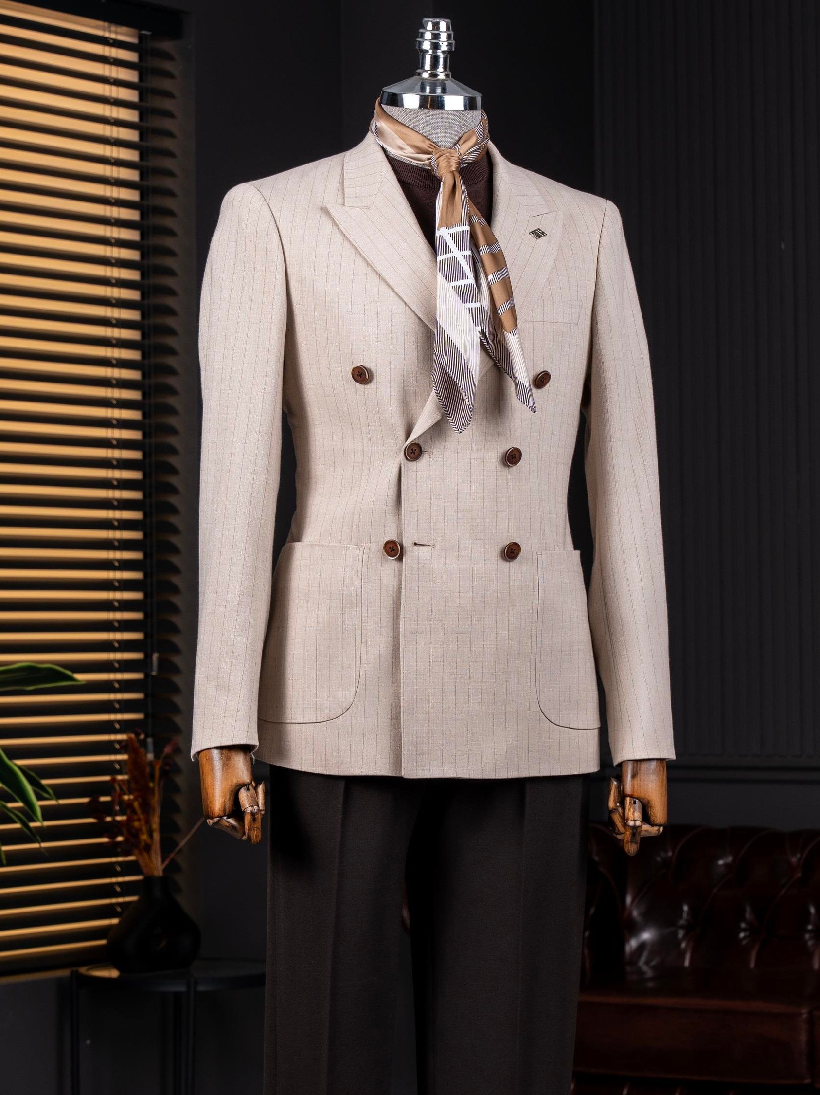 Beige Striped Double Breasted Blazer