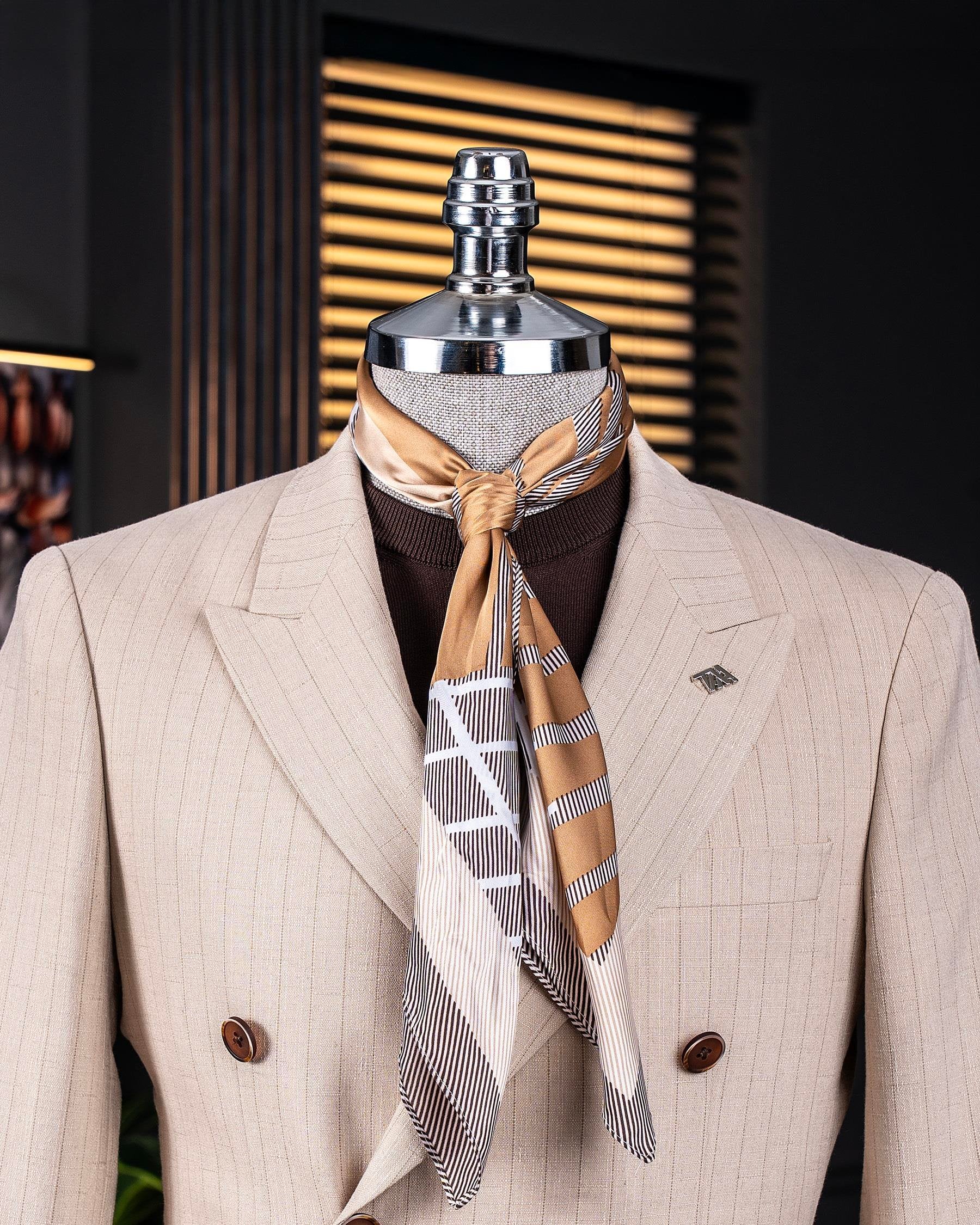 Beige Striped Double Breasted Blazer
