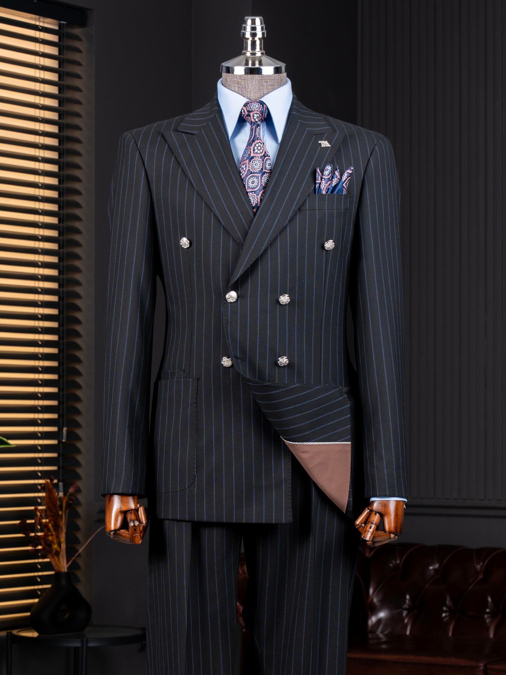 Black Striped Double Breasted Suit 2-Piece