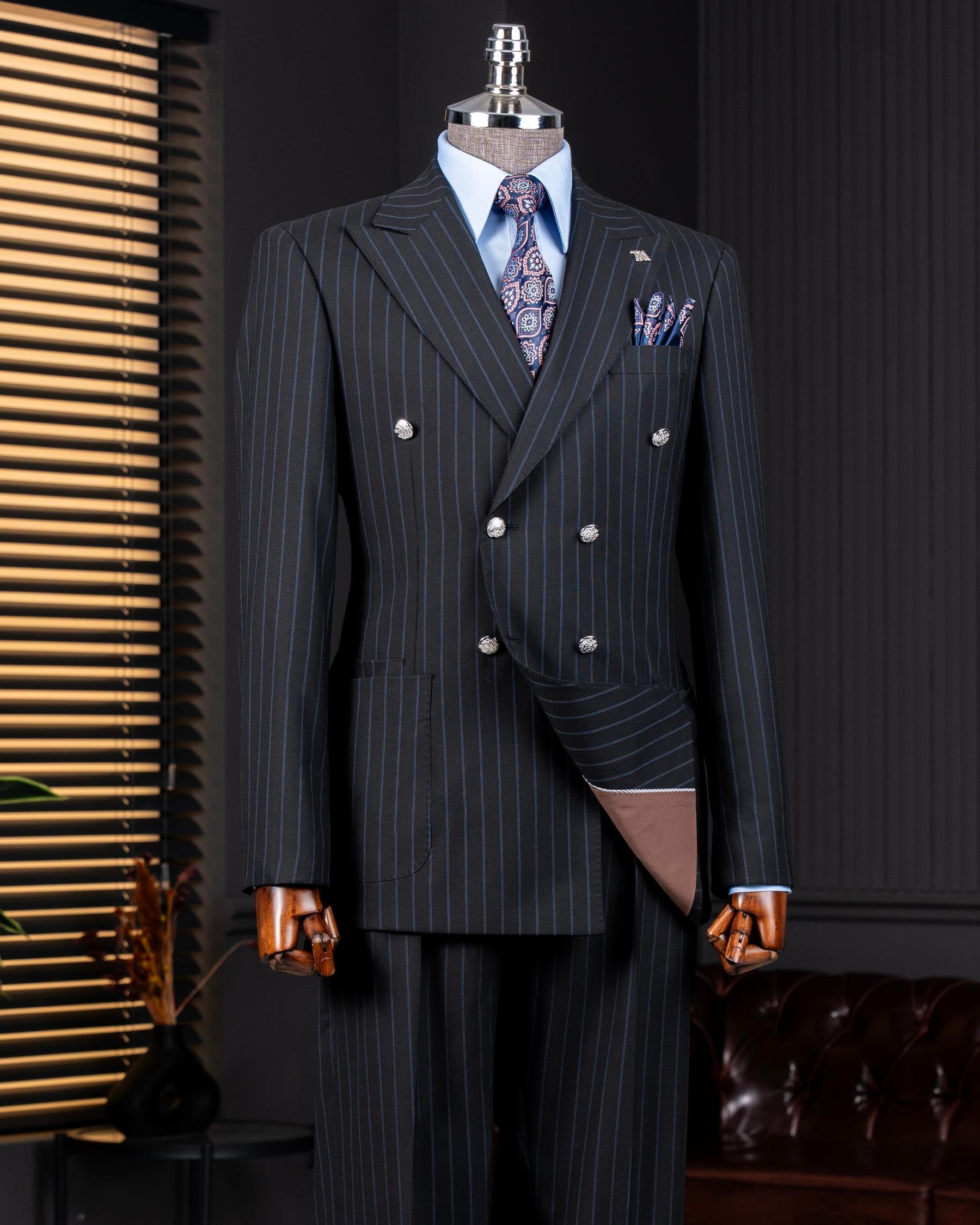 Black Striped Double Breasted Suit 2-Piece