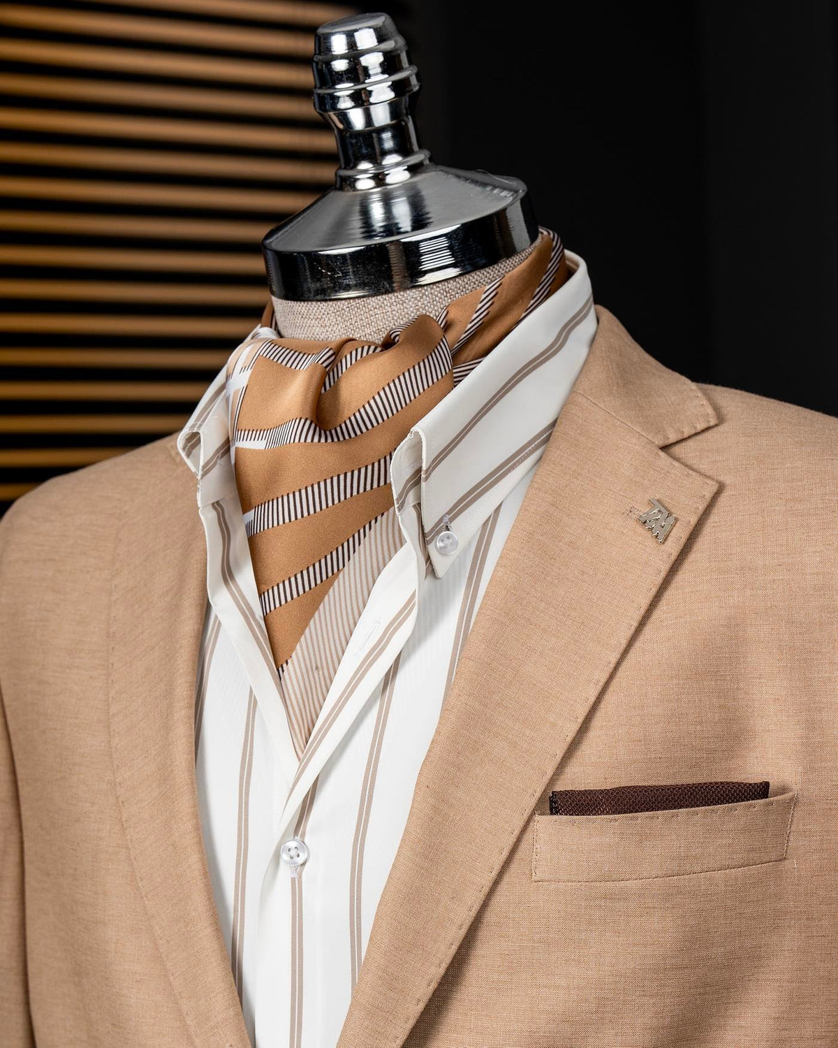 VIOSSI beige single breasted blazer front view - men double breasted blazer style in neutral tan color