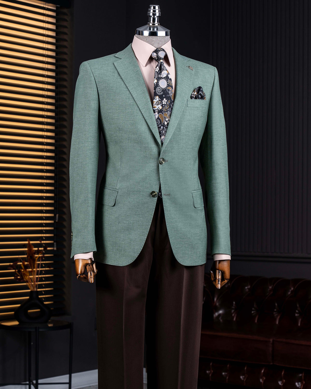 VIOSSI khaki single breasted blazer front view - men double breasted blazer style in neutral tan color