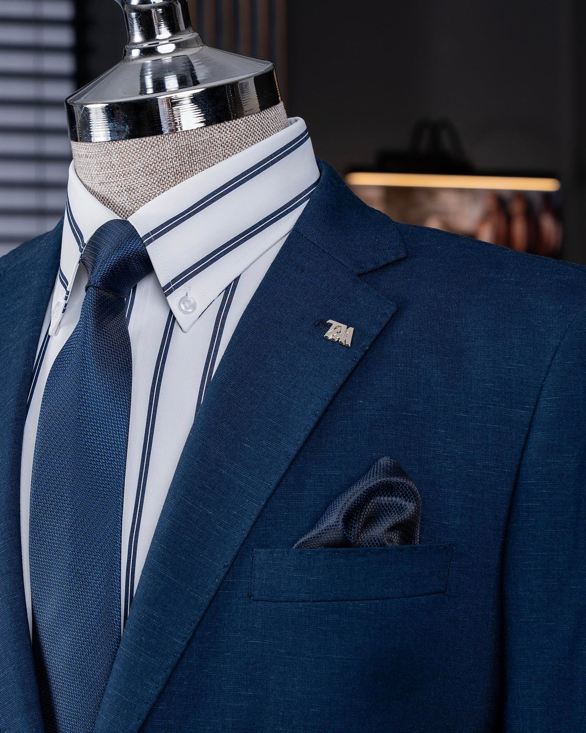 VIOSSI navy single breasted blazer front view - men double breasted blazer style with notch lapels and button closure
