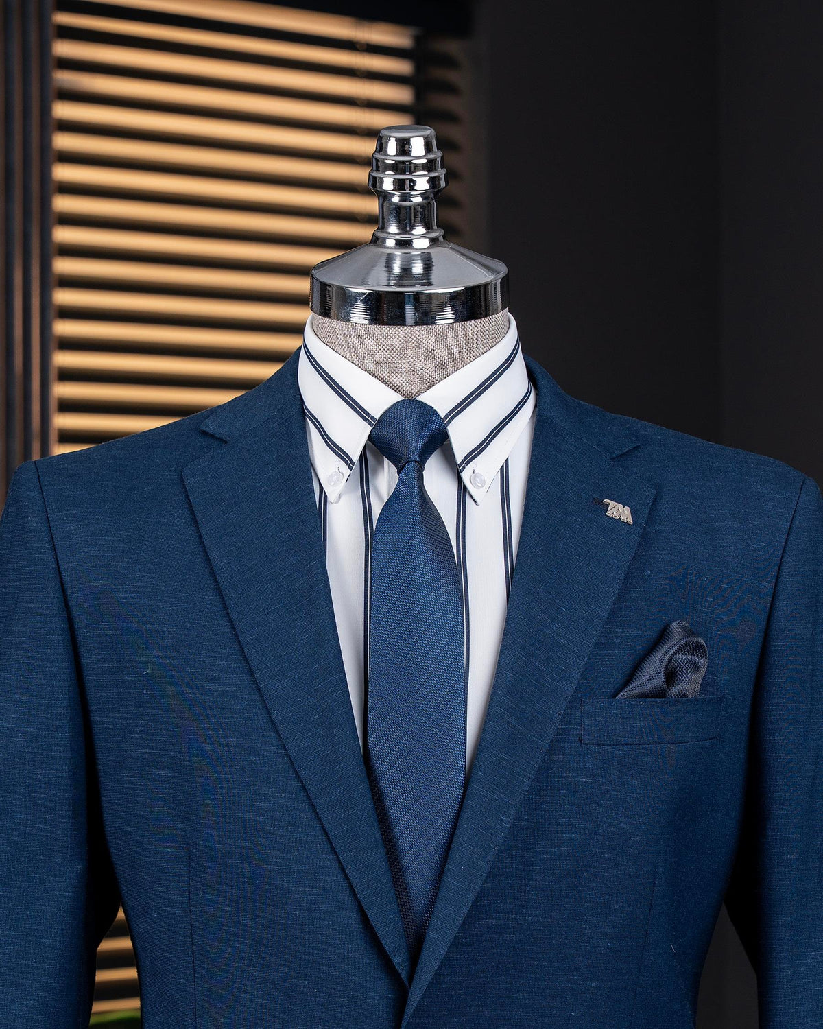 VIOSSI navy single breasted blazer front view - men double breasted blazer style in dark blue tailored fit