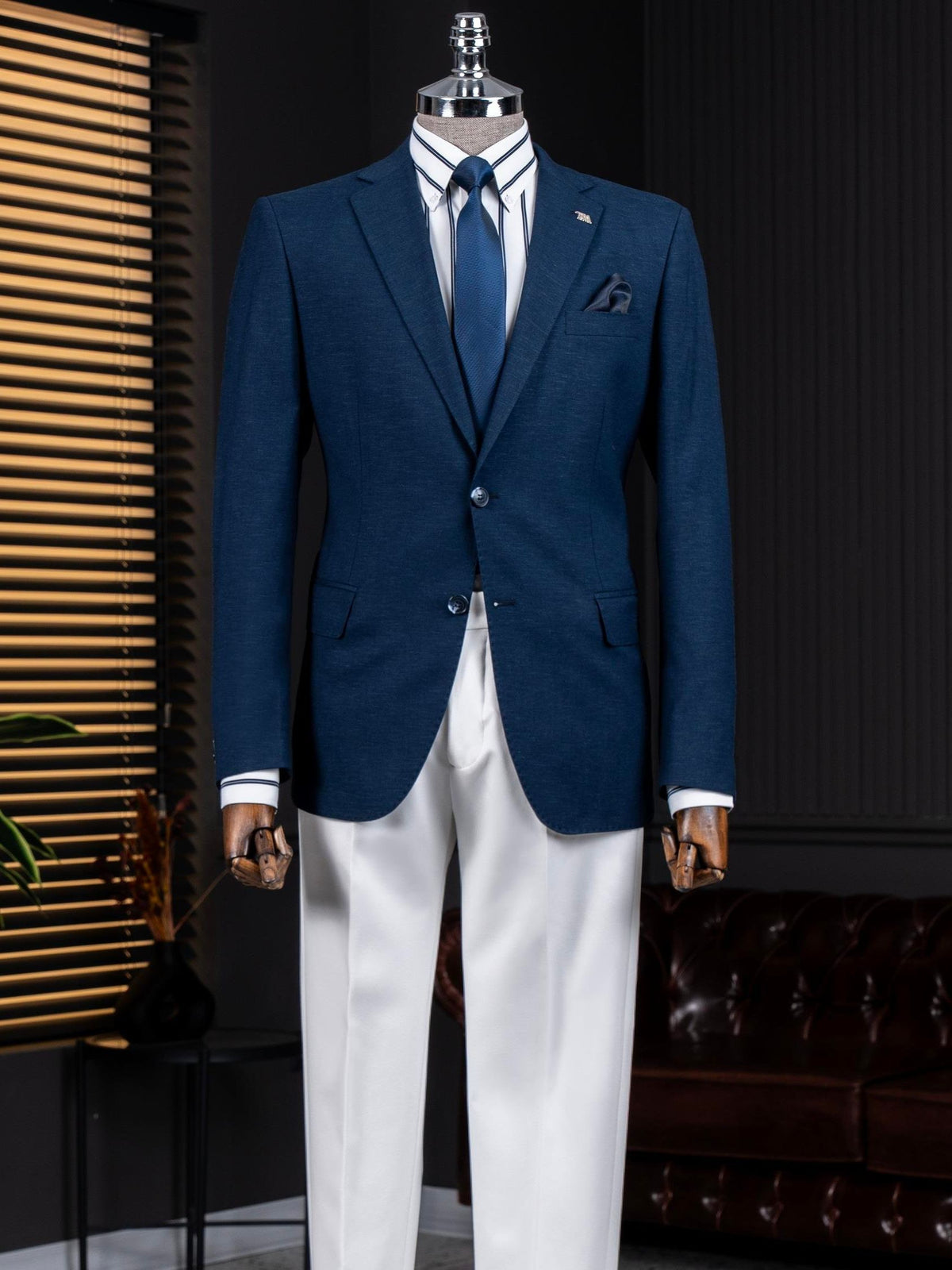 VIOSSI navy single breasted blazer front view - men double breasted blazer style in dark blue formal suiting