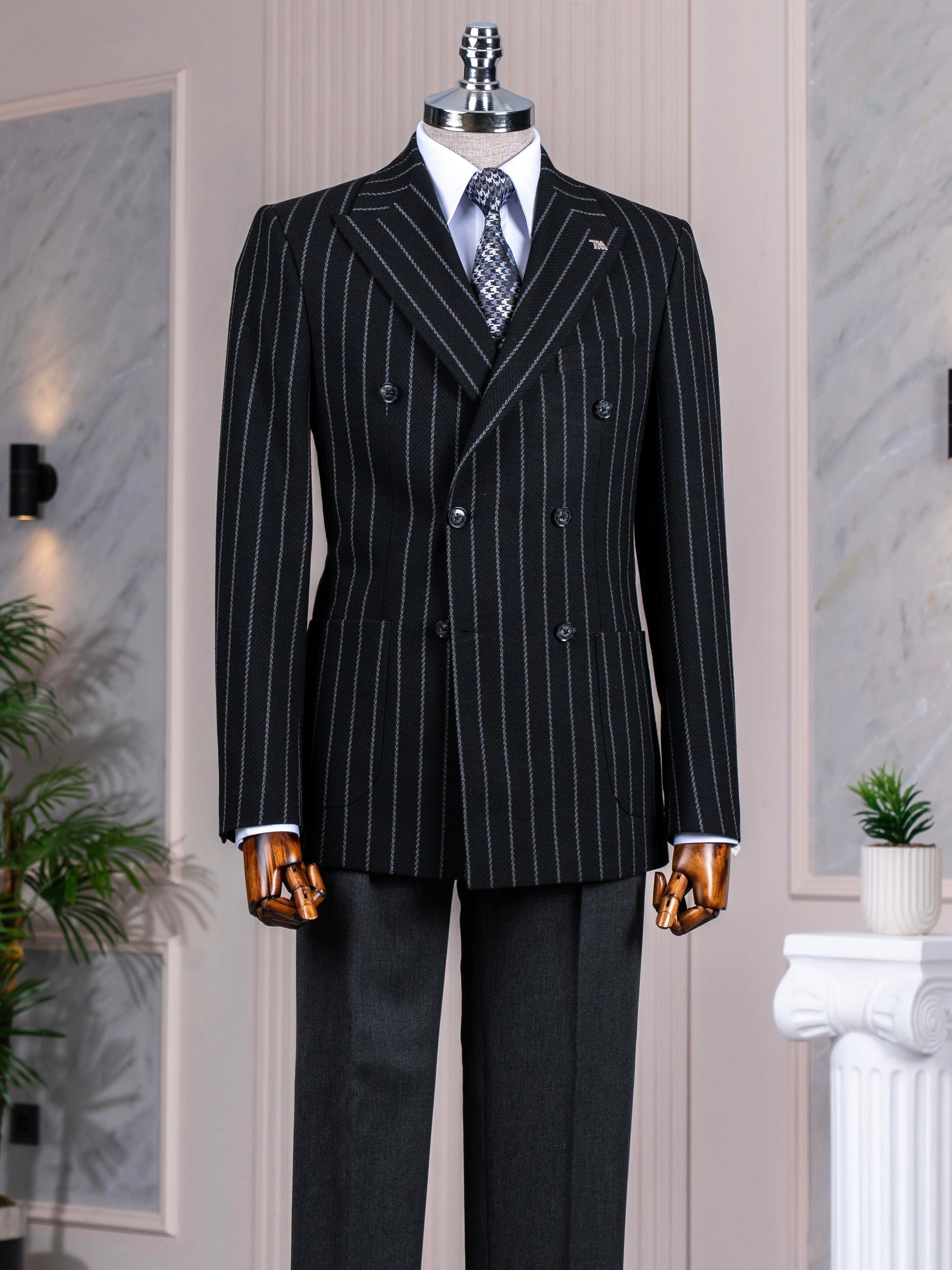 Black Striped Double Breasted Blazer