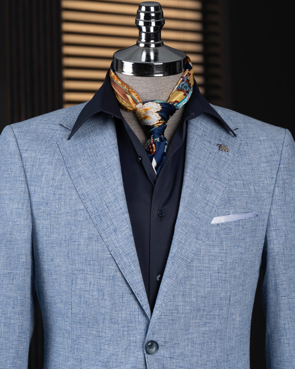 VIOSSI blue single breasted blazer front view - light blue wedding suit style men's formal jacket