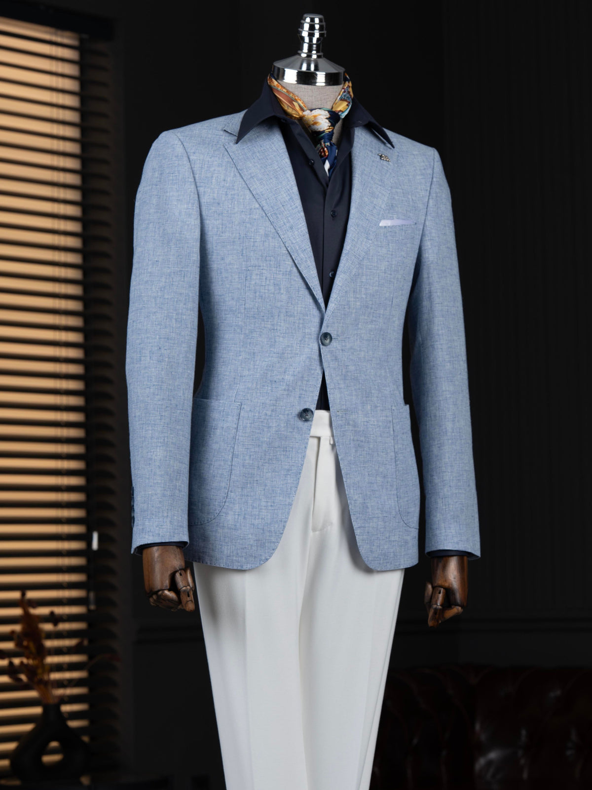 VIOSSI blue single breasted blazer front view - tuxedo double breasted light blue wedding suit style menswear