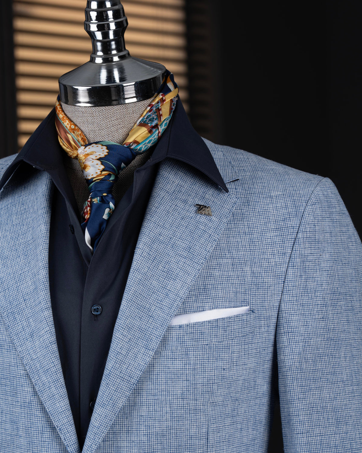 VIOSSI blue single breasted blazer front view - light blue wedding suit style tuxedo double breasted formal menswear