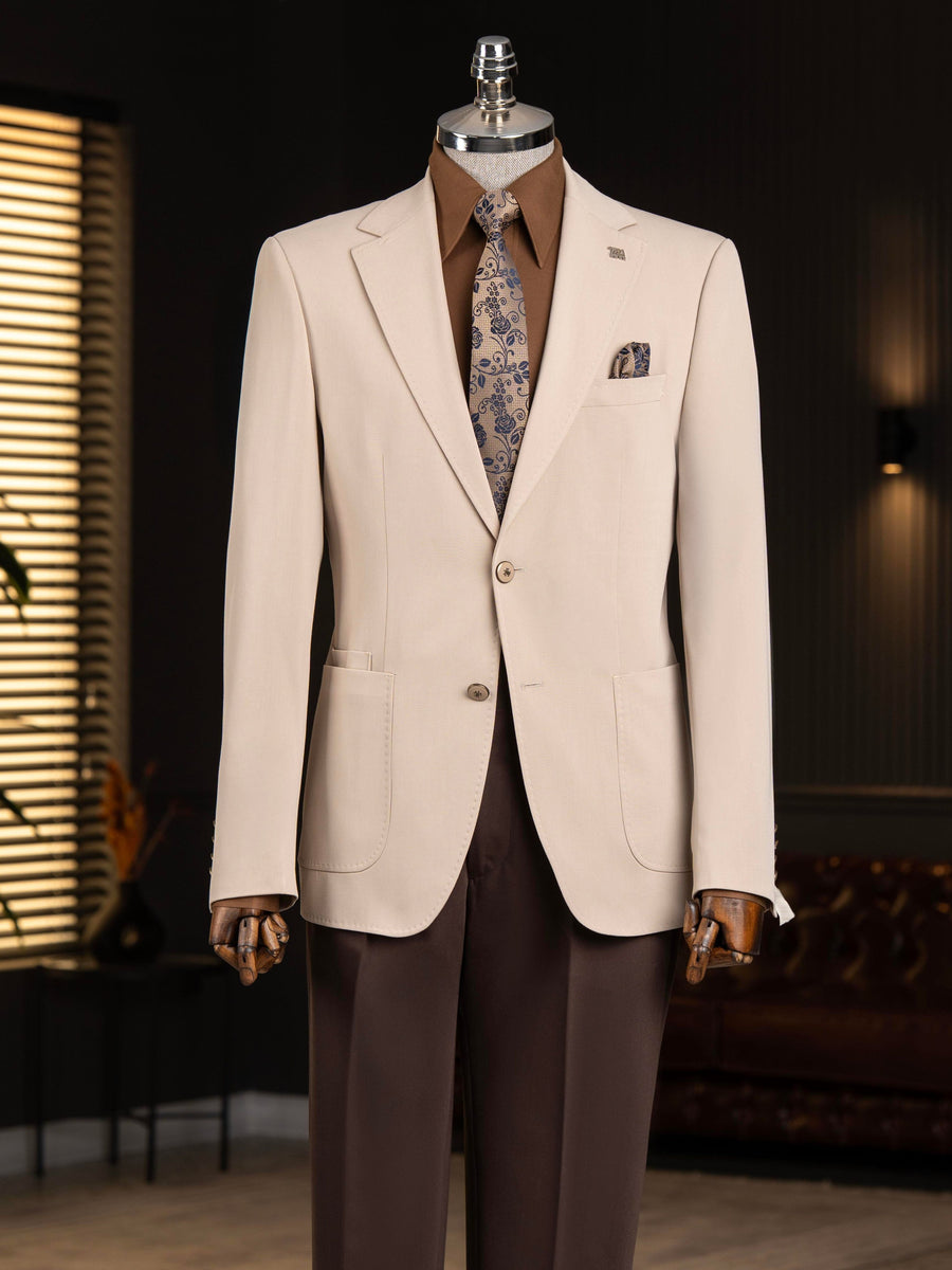 VIOSSI beige single breasted blazer front view - men double breasted blazer style with notch lapels and button closure