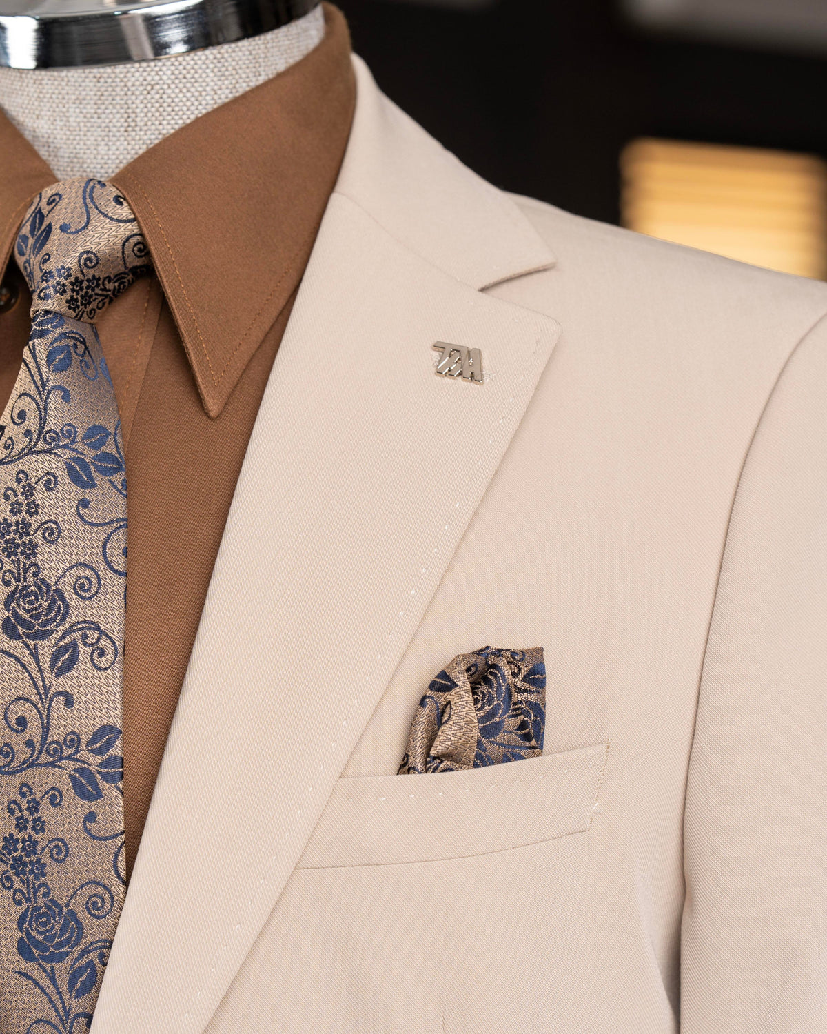 VIOSSI beige single breasted blazer front view - men double breasted blazer style in light tan color