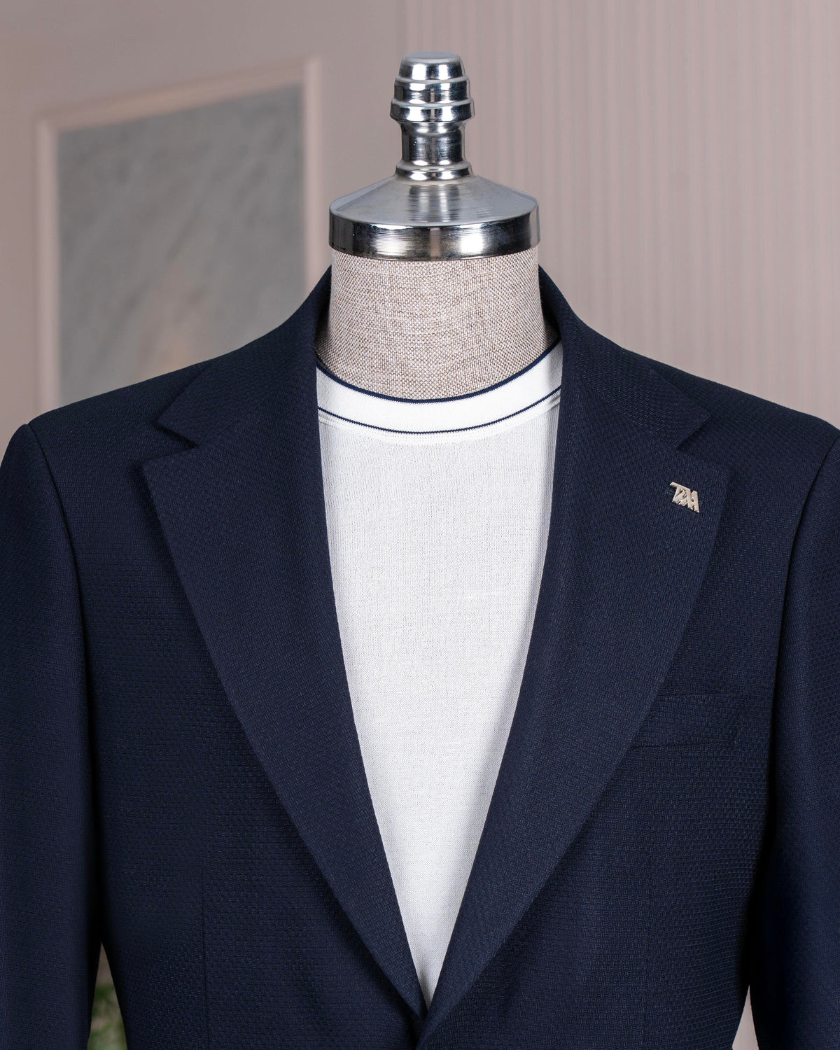 VIOSSI navy single breasted blazer front view - men double breasted blazer style in dark blue formal suiting