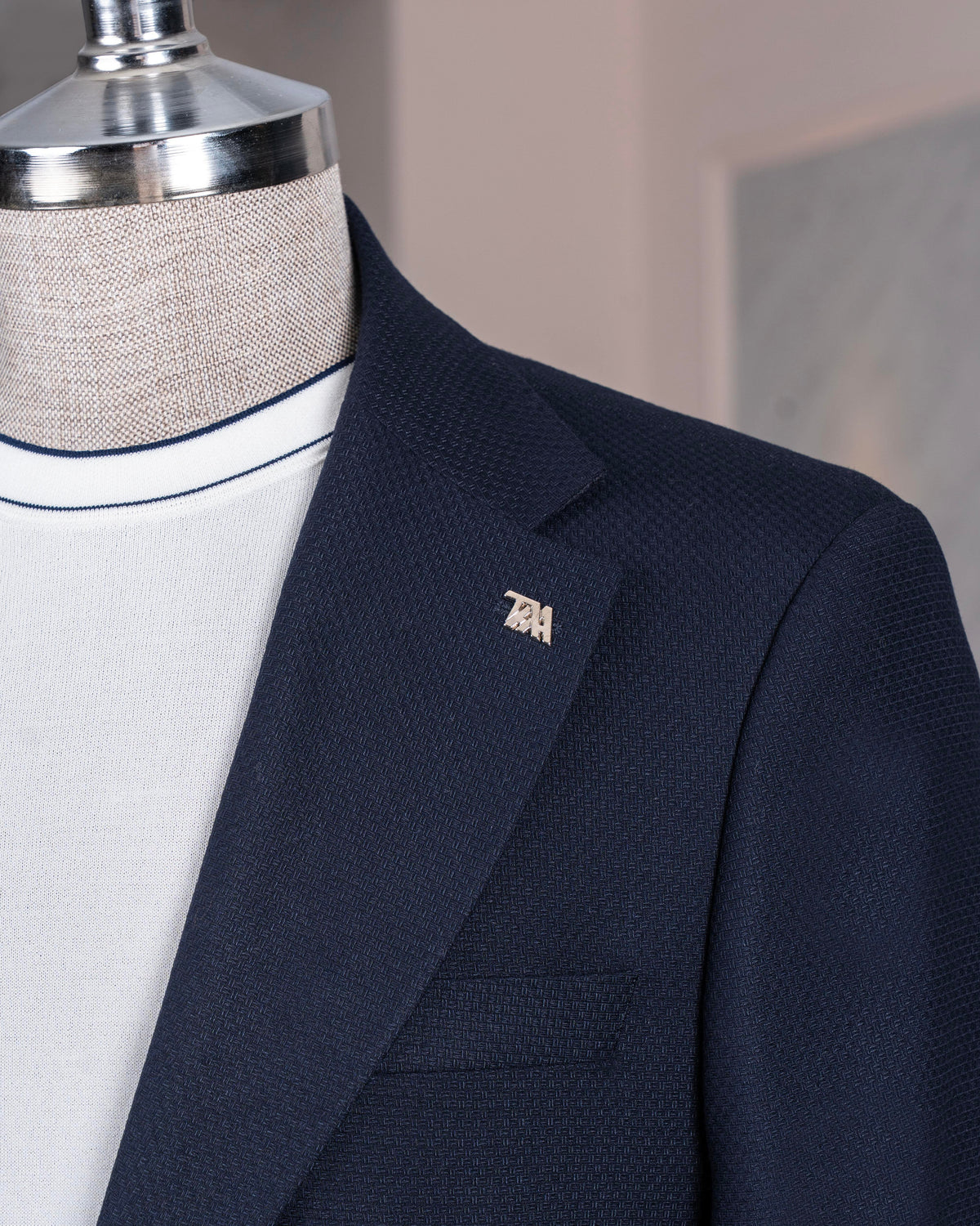 VIOSSI Navy Single Breasted Blazer front view - men double breasted blazer style in dark blue formal suiting
