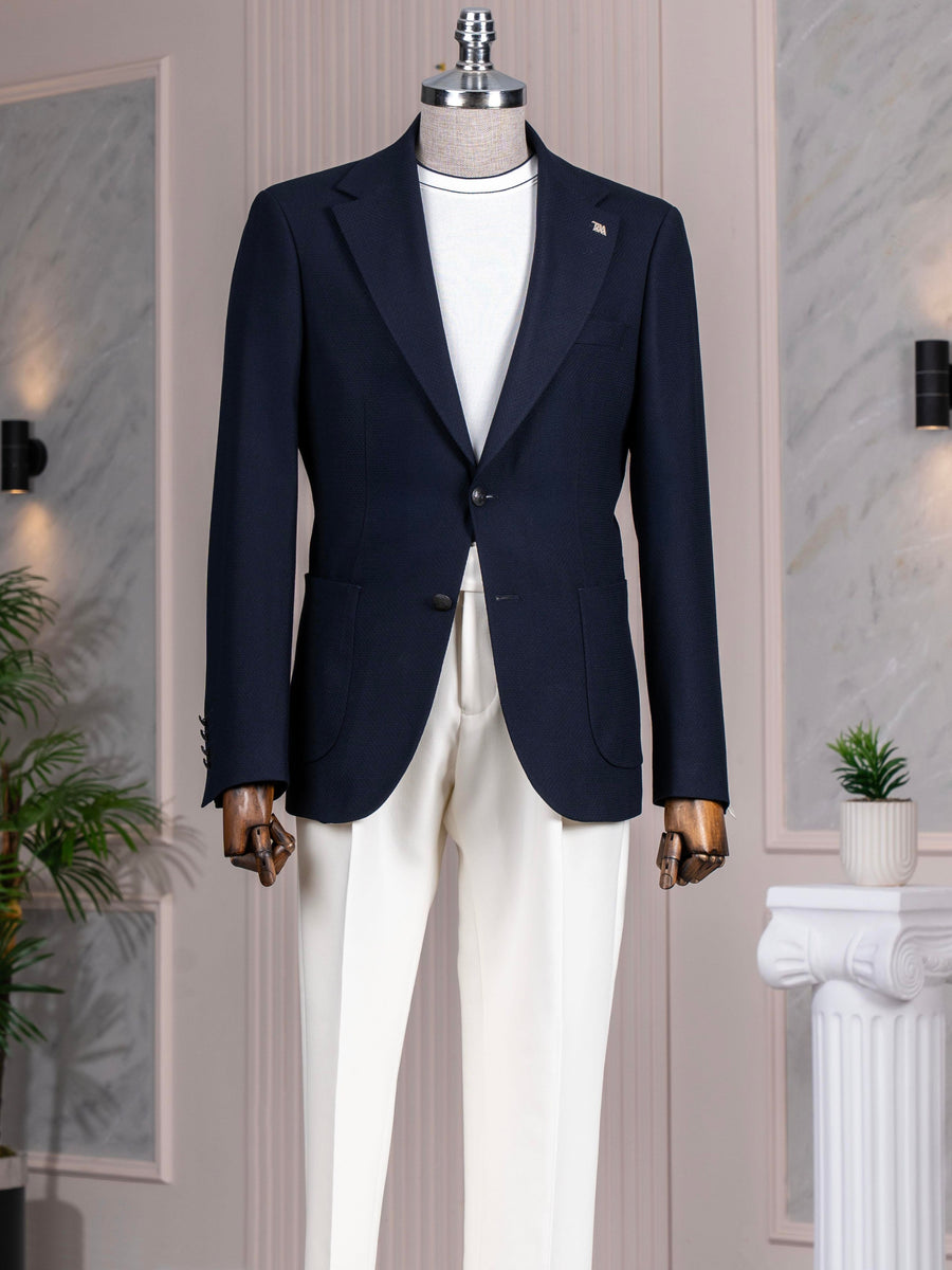VIOSSI navy single breasted blazer men's formal jacket front view - men double breasted blazer style menswear