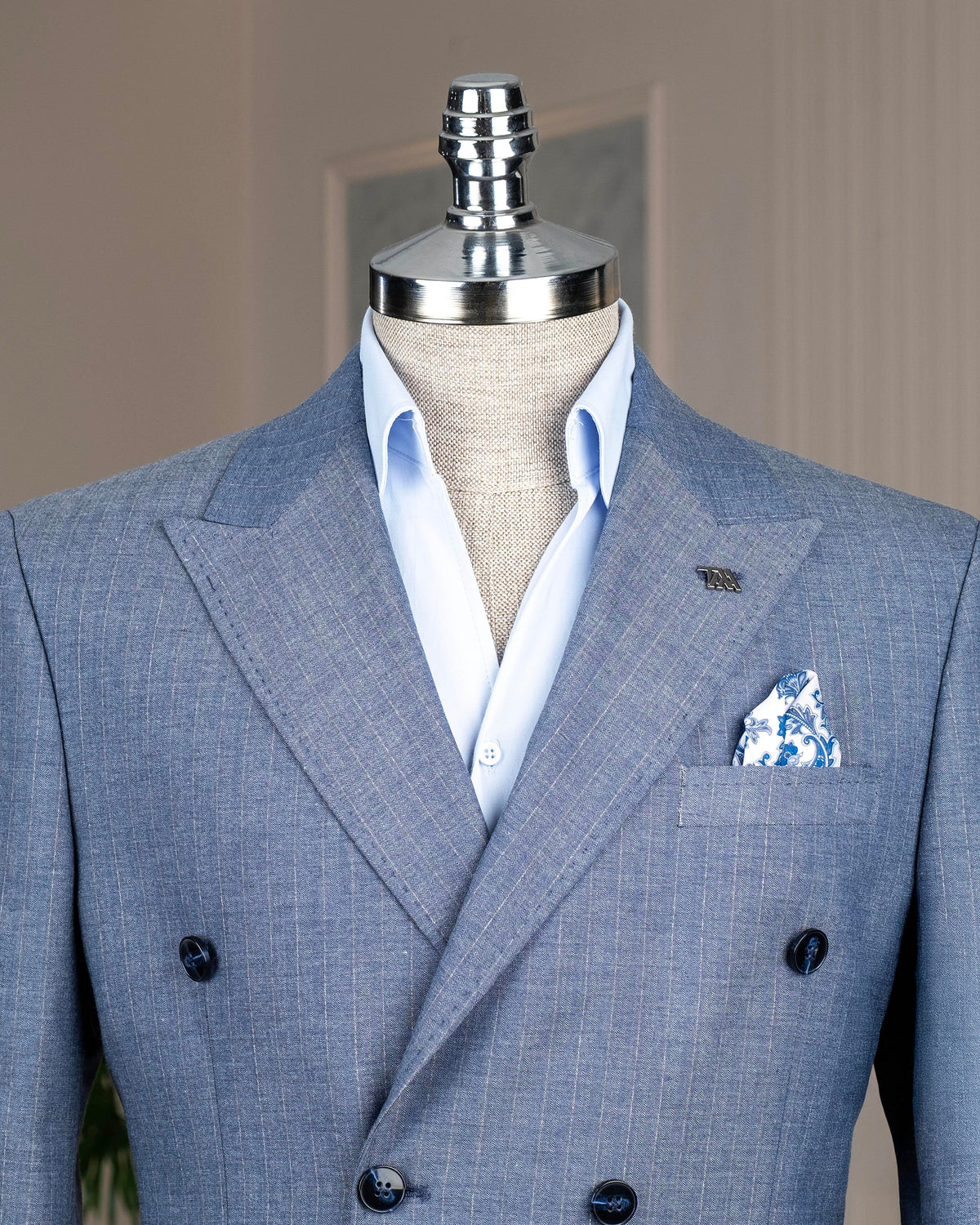 VIOSSI blue striped tuxedo double breasted suit 2-piece front view with peak lapels and italian suit styles design