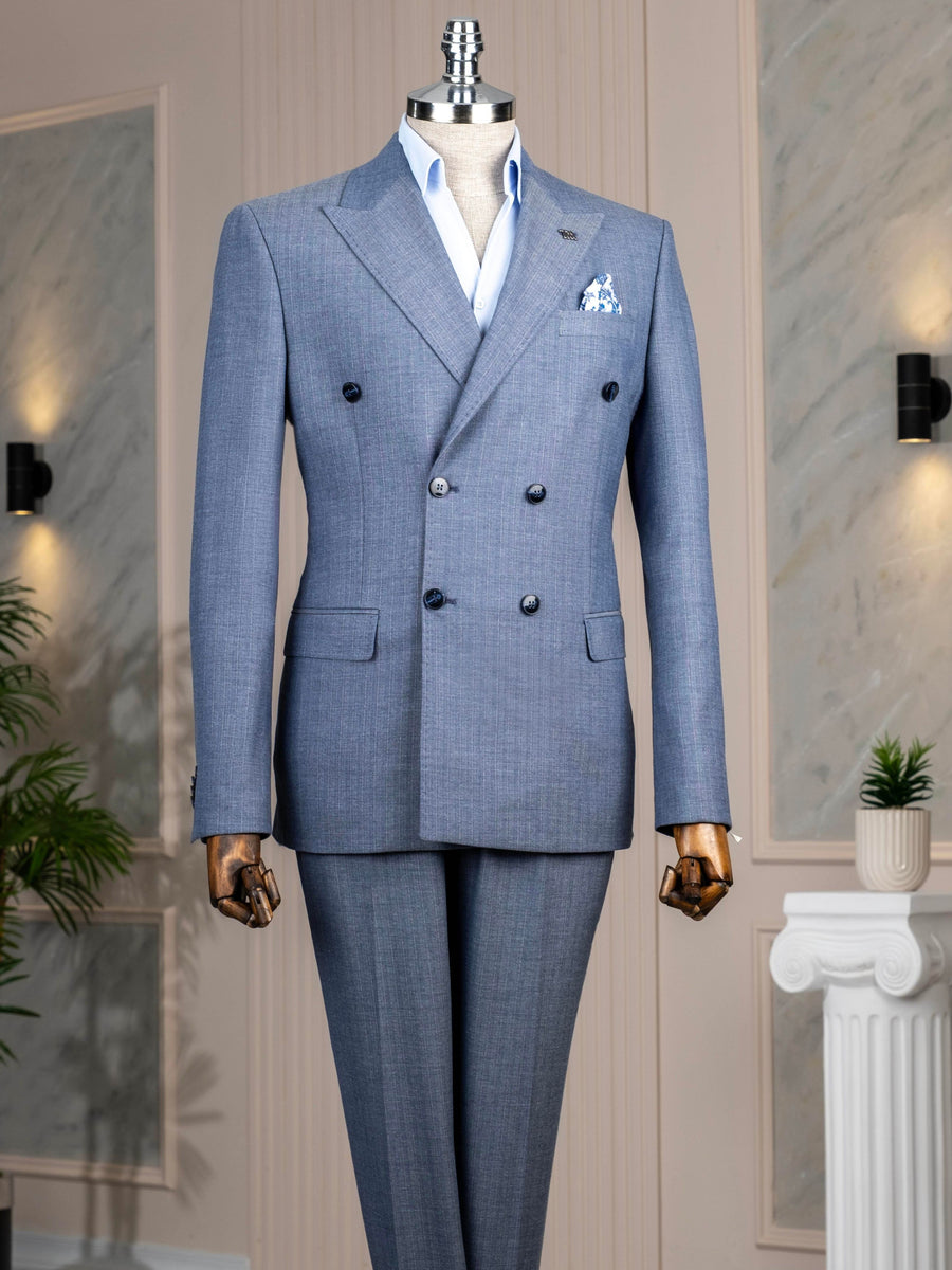 VIOSSI blue striped tuxedo double breasted suit 2-piece front view showing italian suit styles with peaked lapels