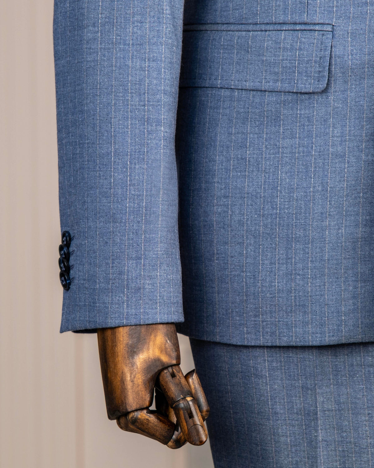 VIOSSI blue striped tuxedo double breasted 2-piece suit front view with peak lapels and italian suit styles design