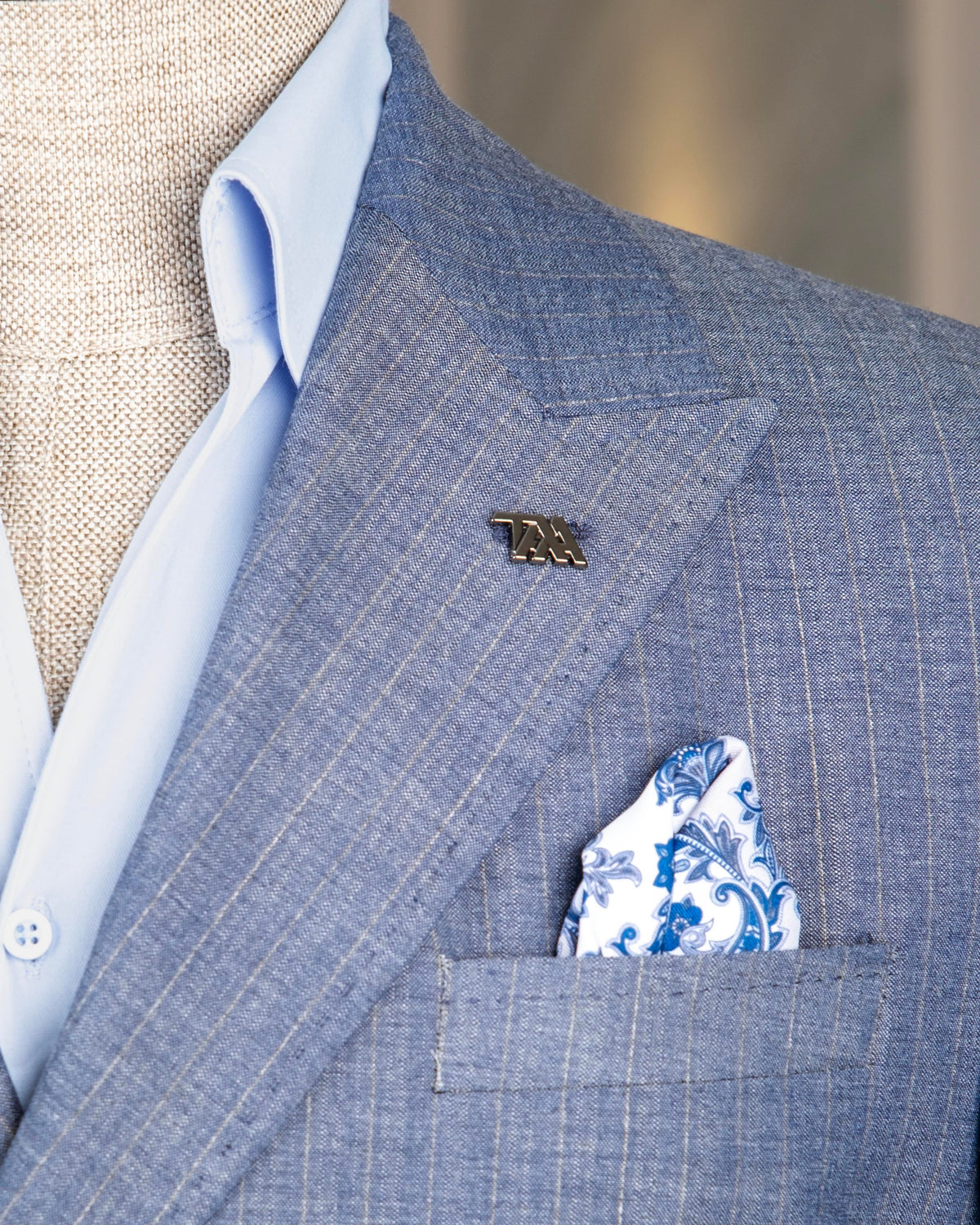 VIOSSI blue striped tuxedo double breasted suit 2-piece front view - italian suit styles formal menswear