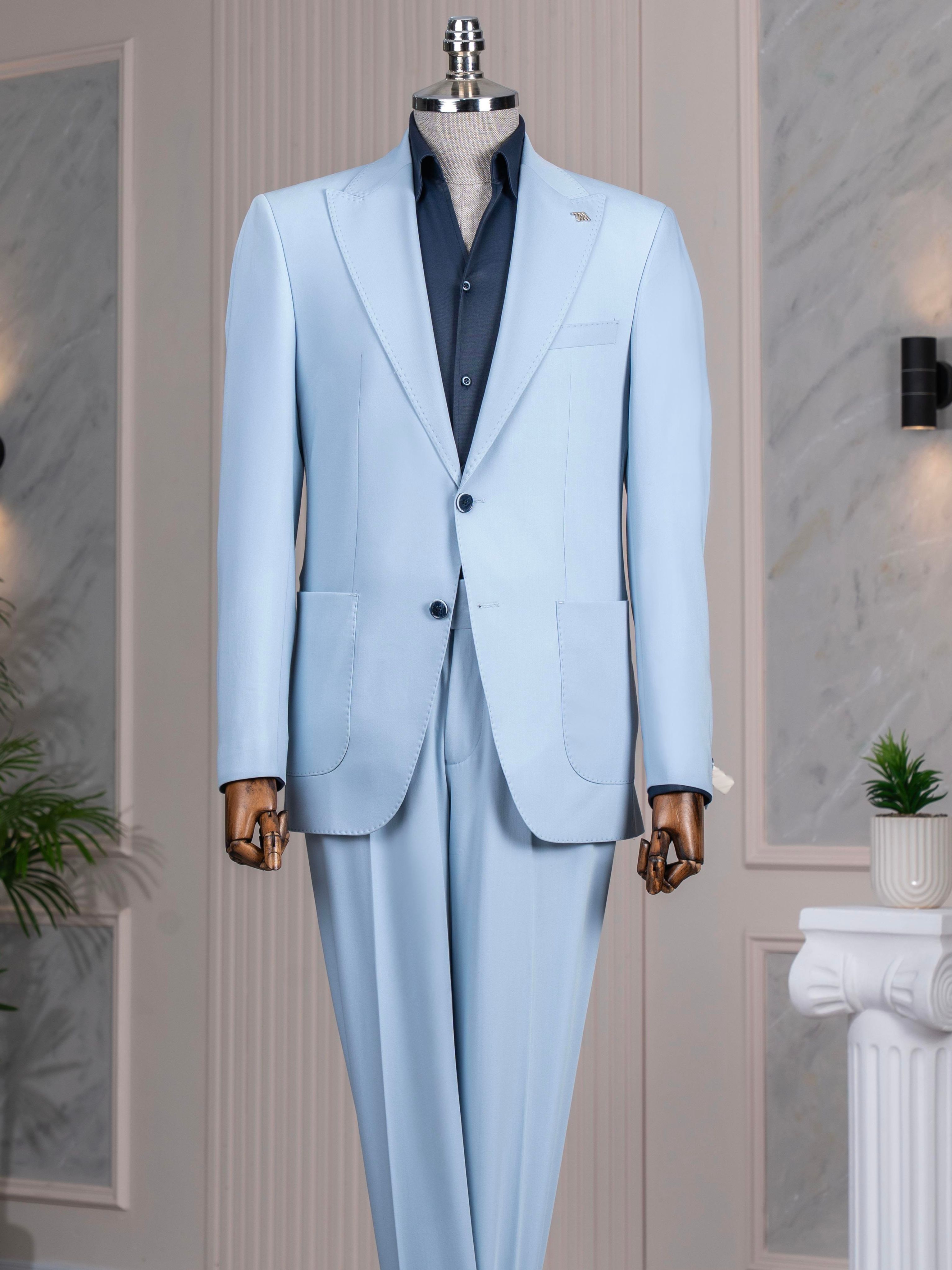 Sky-Blue Slim-Fit Suit 2-Piece