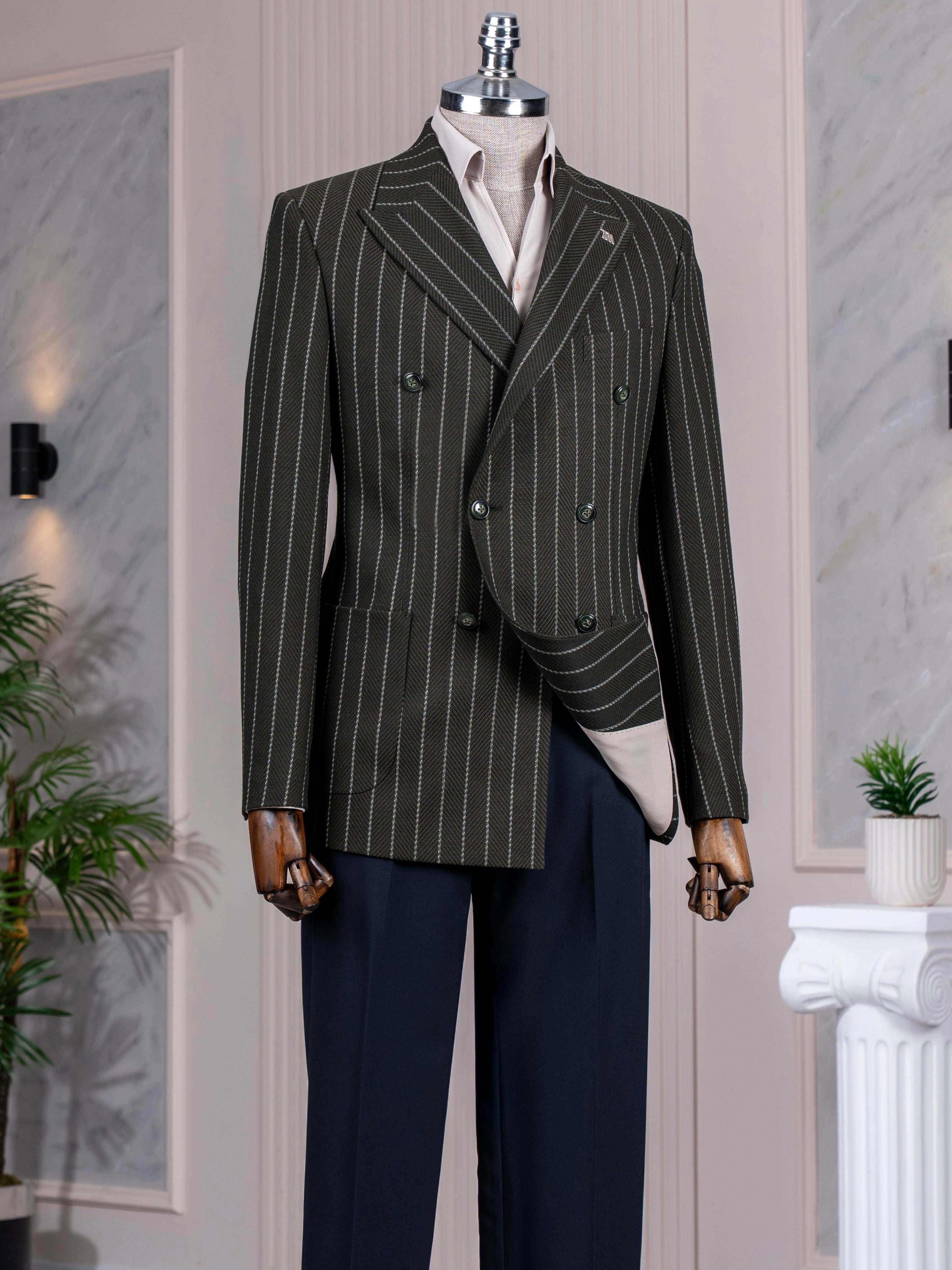 Green Striped Double Breasted Blazer