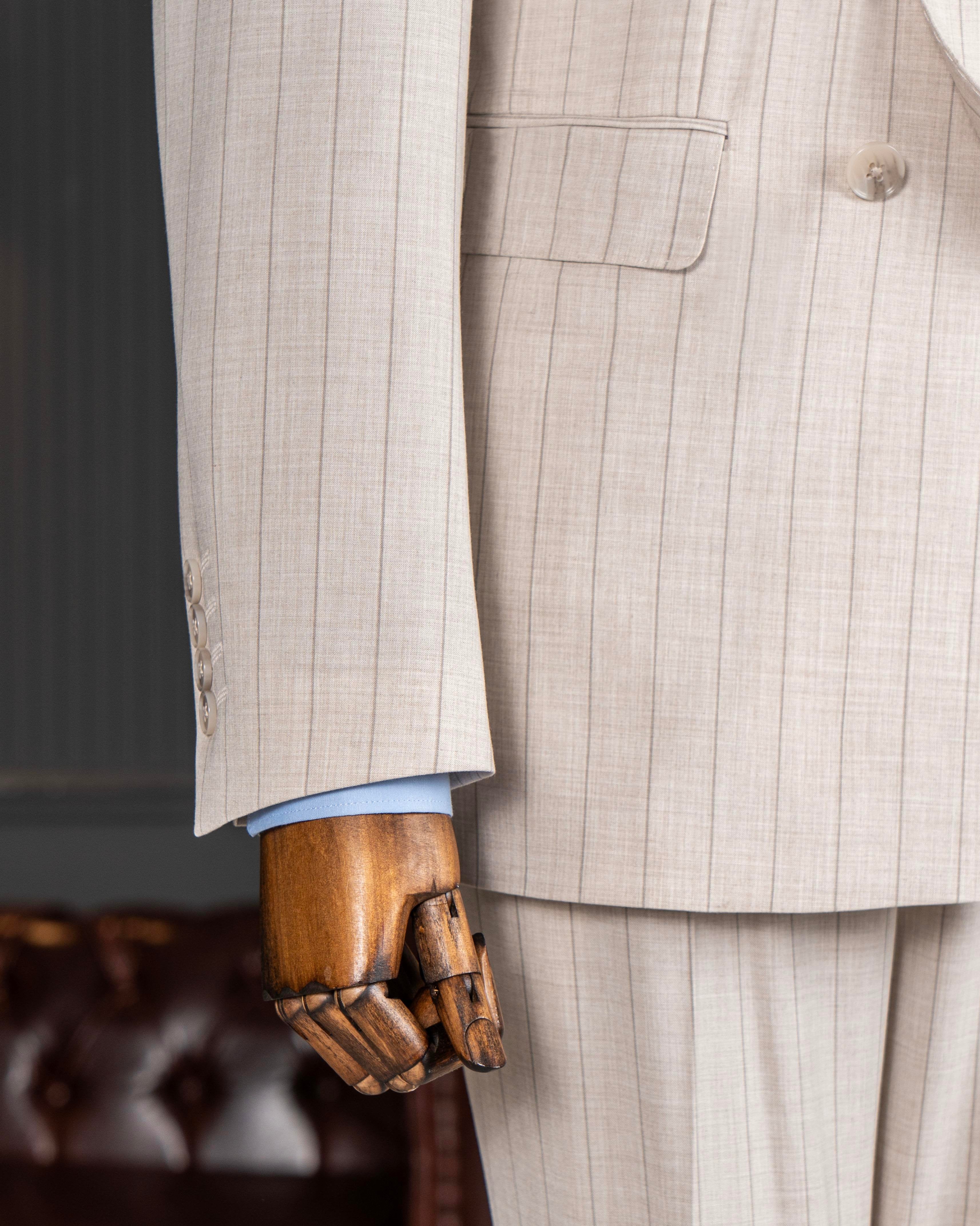 Beige Striped Double Breasted Suit 2-Piece