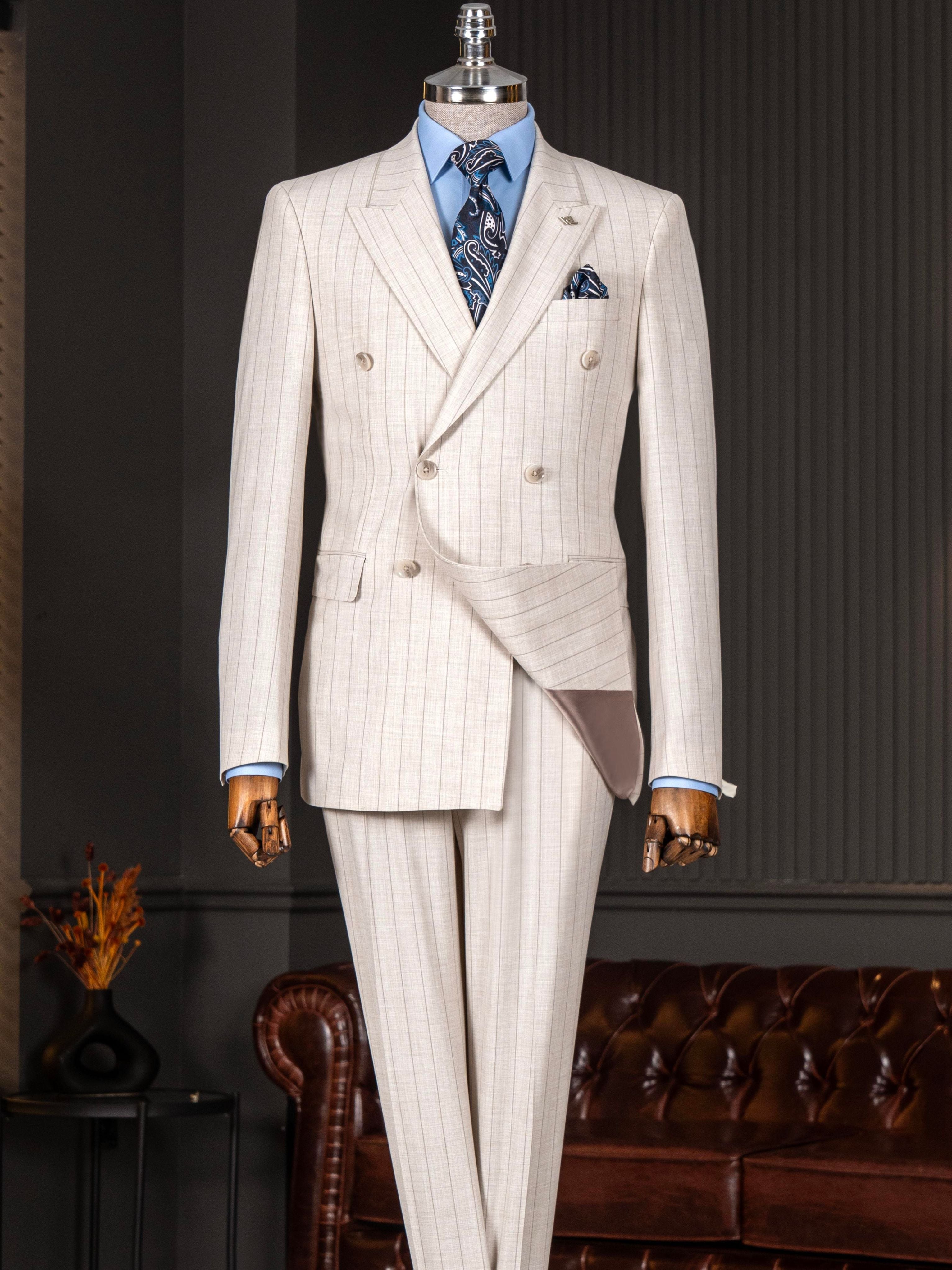 Beige Striped Double Breasted Suit 2-Piece