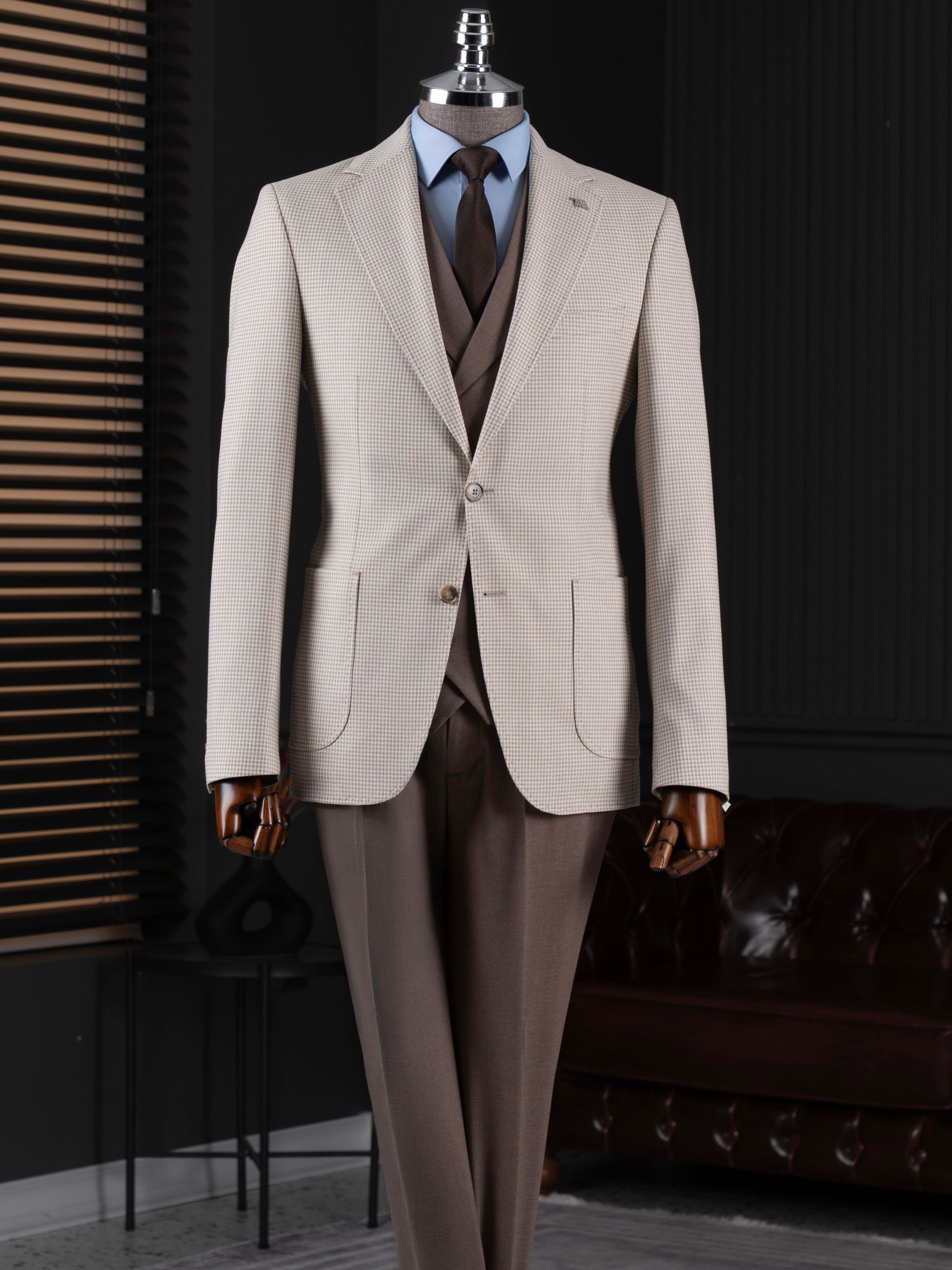 Beige Plaid Slim-Fit Suit 3-Piece
