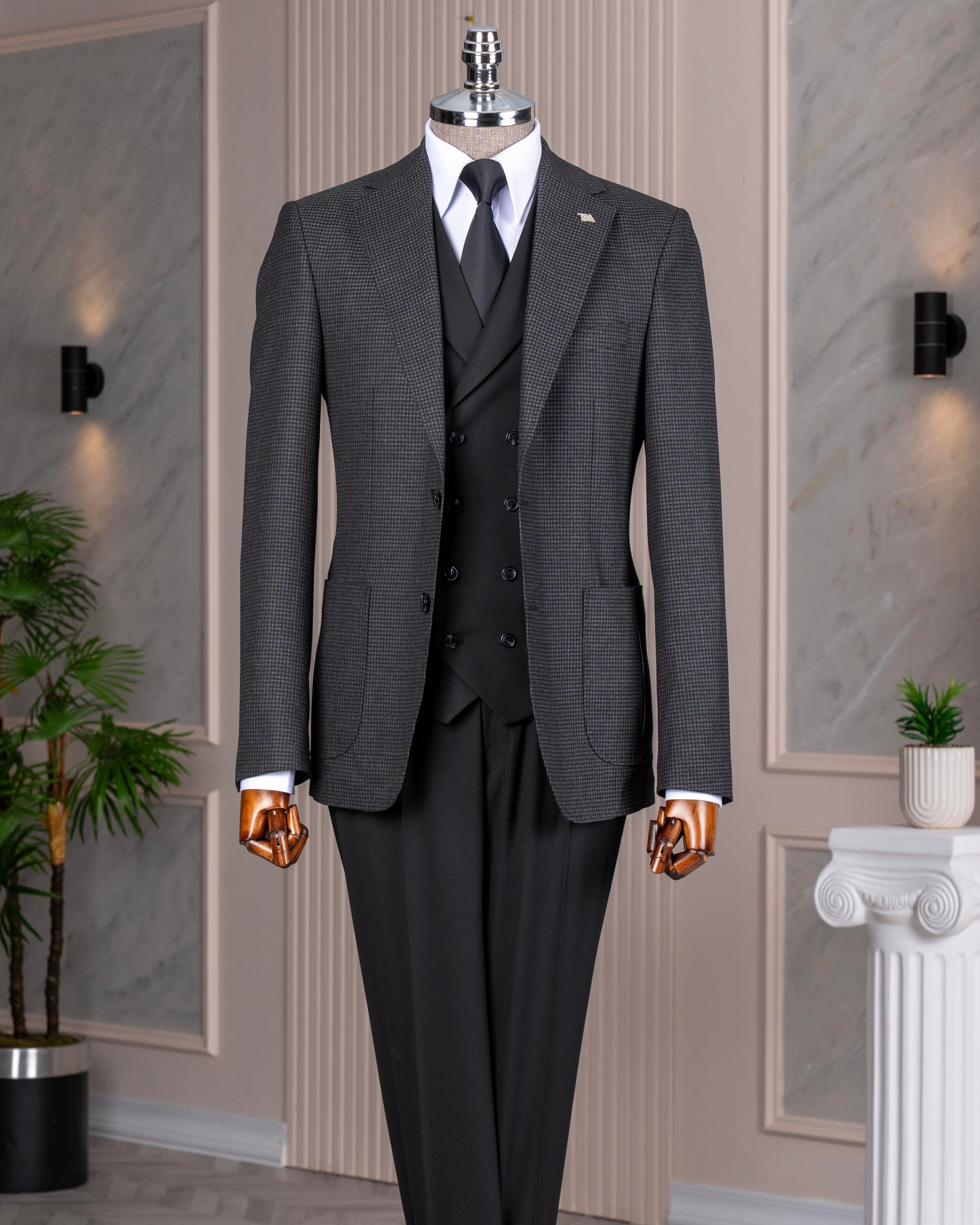 Black Plaid Slim-Fit Suit 3-Piece