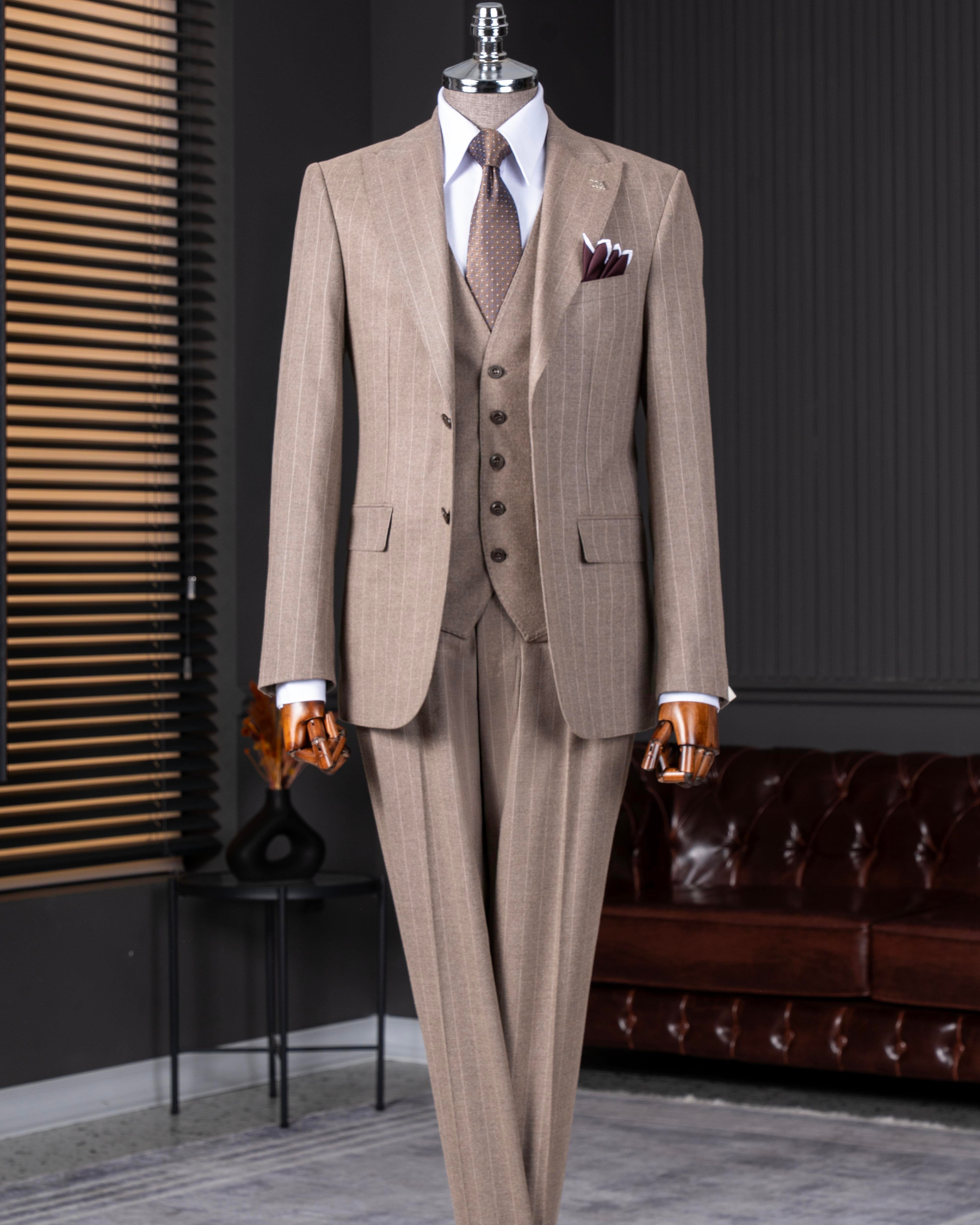 Camel Striped Slim-Fit Suit 3-Piece