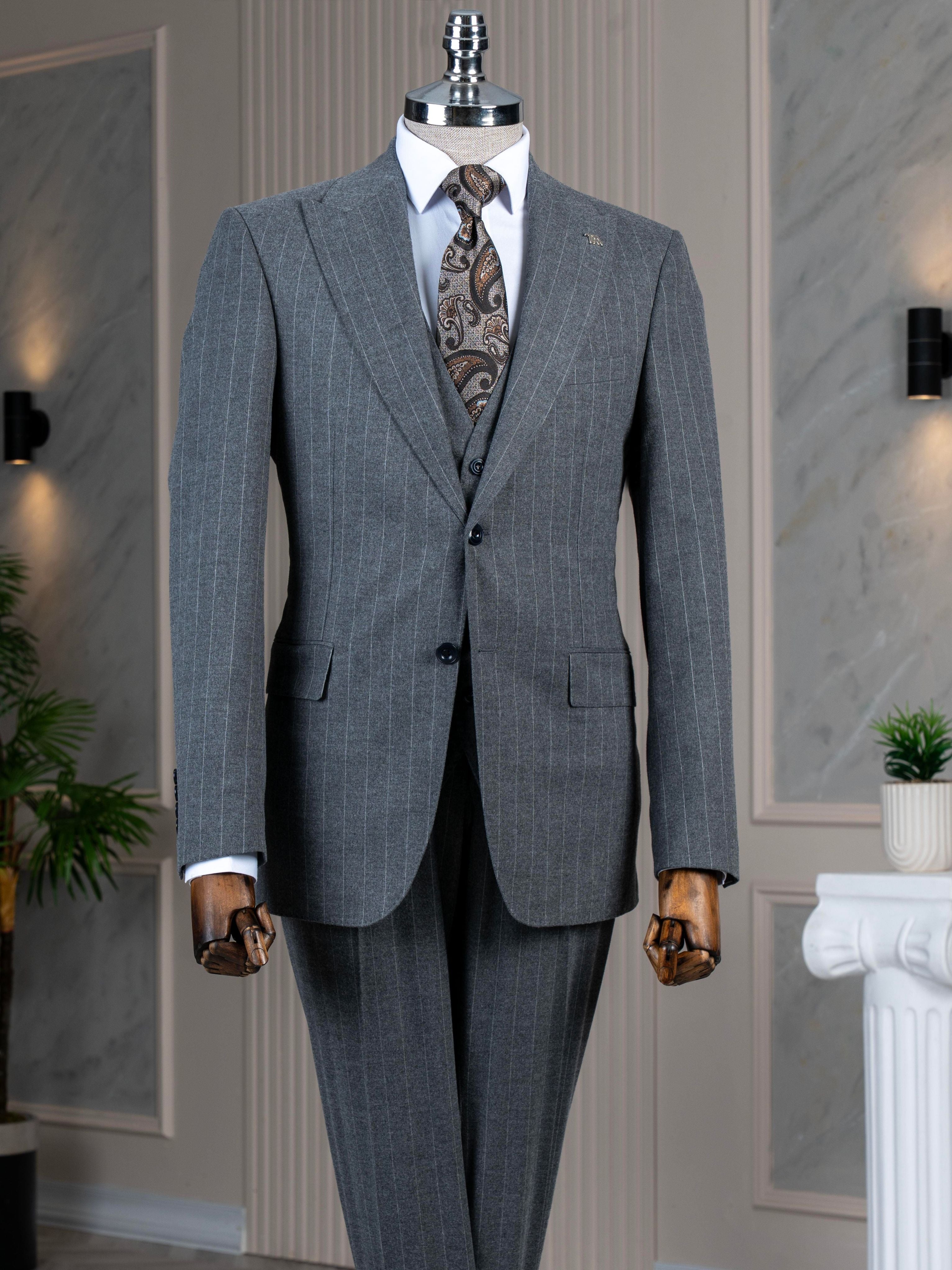 Grey Striped Slim-Fit Suit 3-Piece