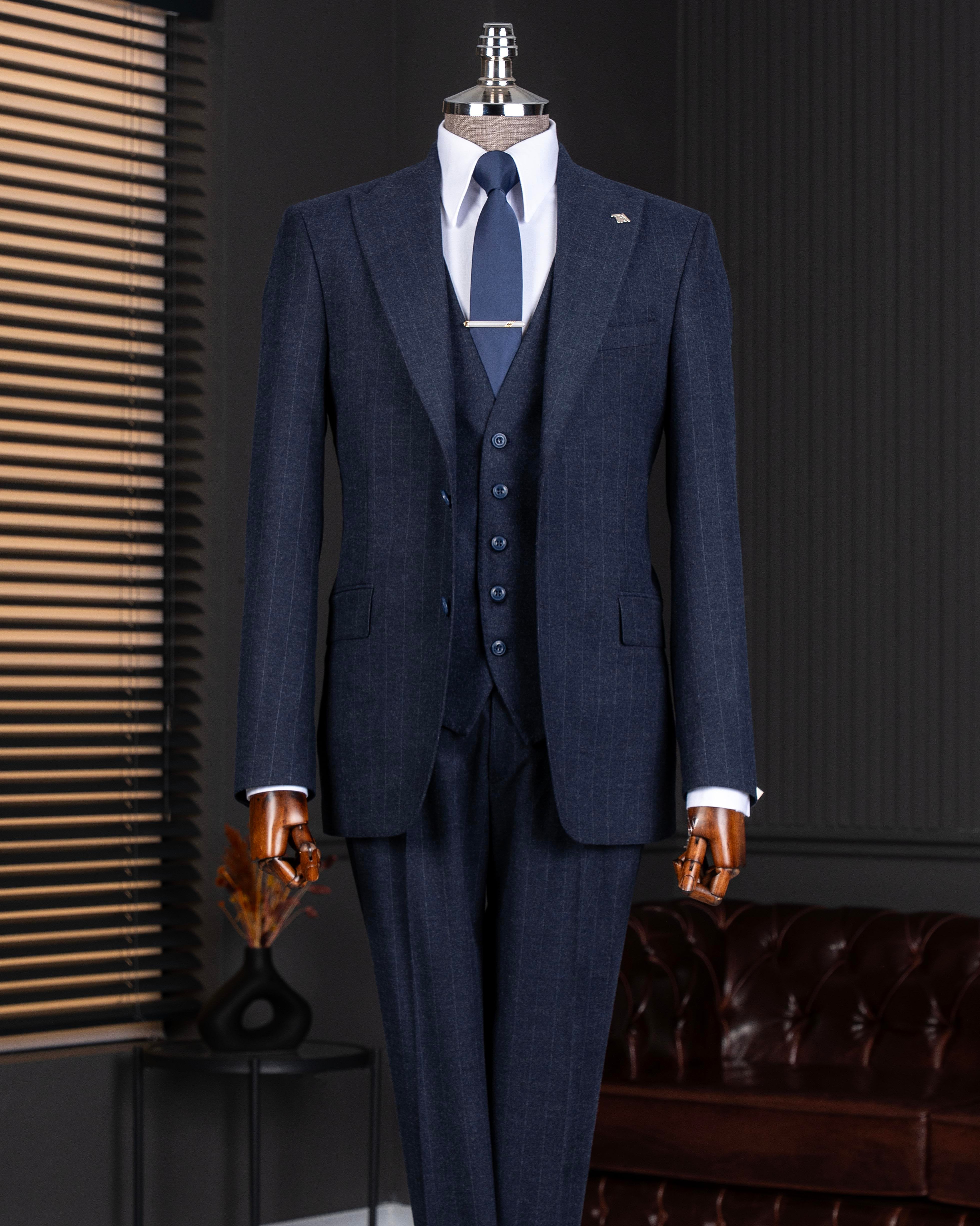 Navy Striped Slim-Fit Suit 3-Piece