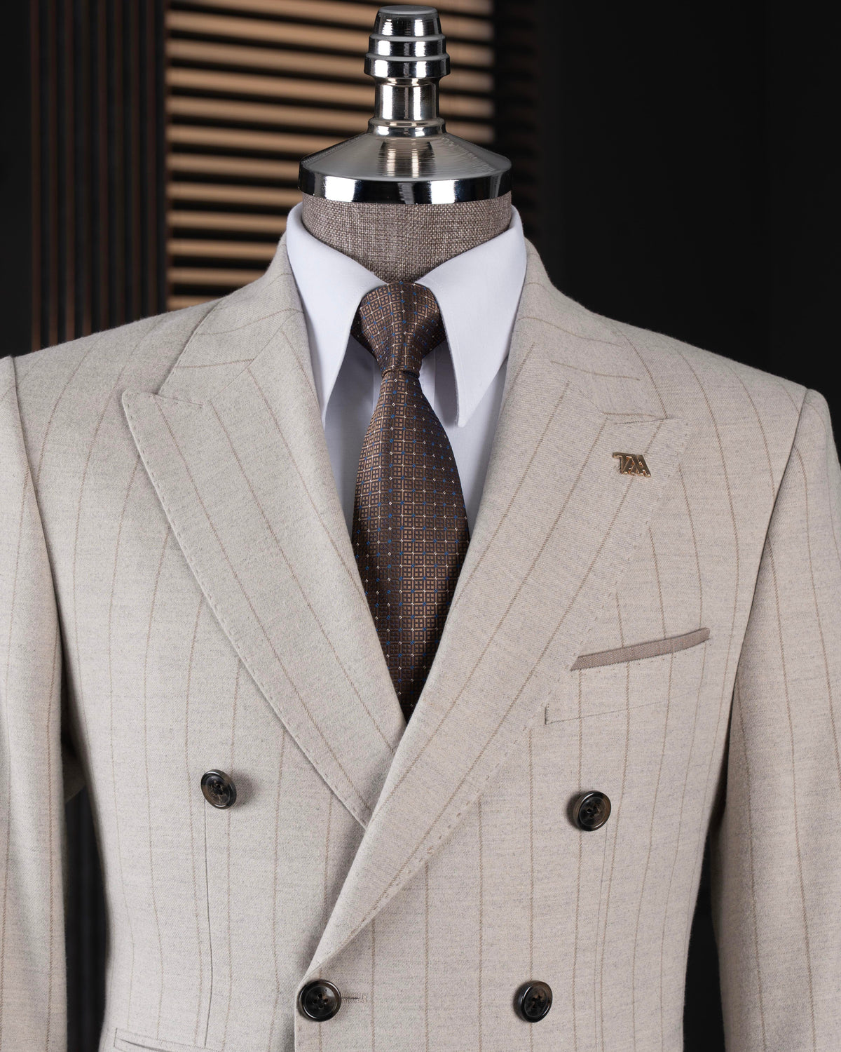 VIOSSI beige striped tuxedo double breasted 2-piece suit, front view showing italian suit styles with peak lapels