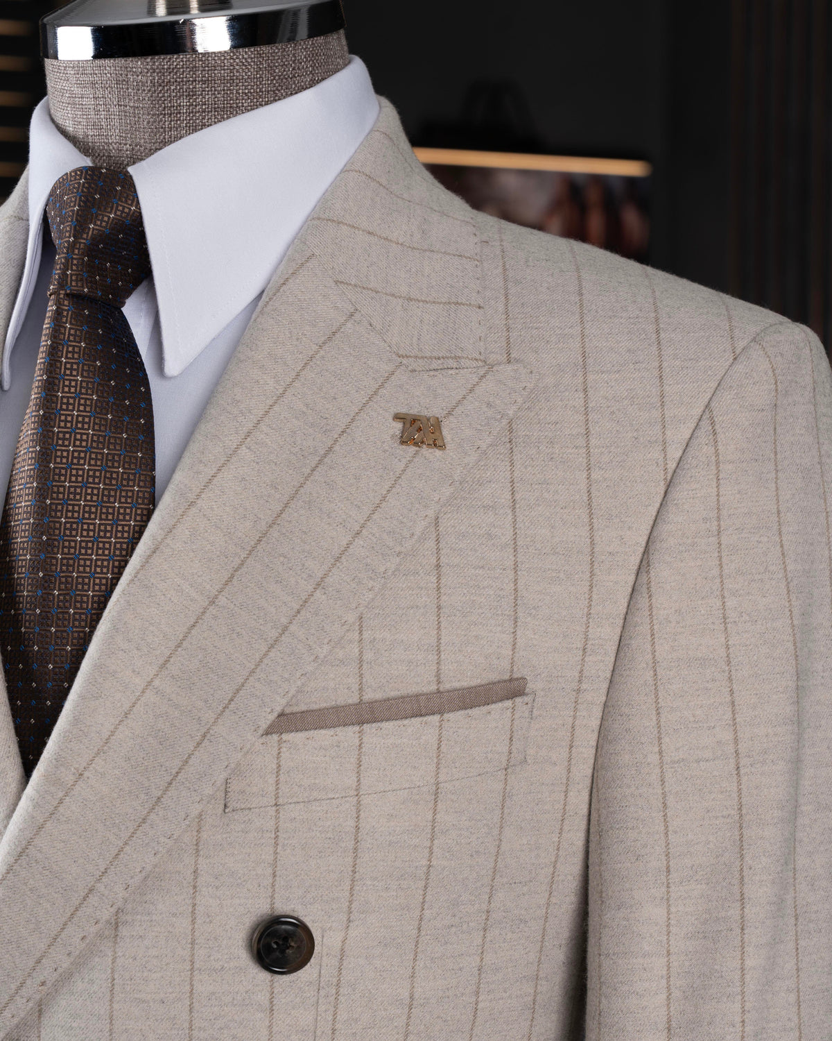 VIOSSI beige striped double breasted suit 2-piece tuxedo double breasted front view italian suit styles menswear