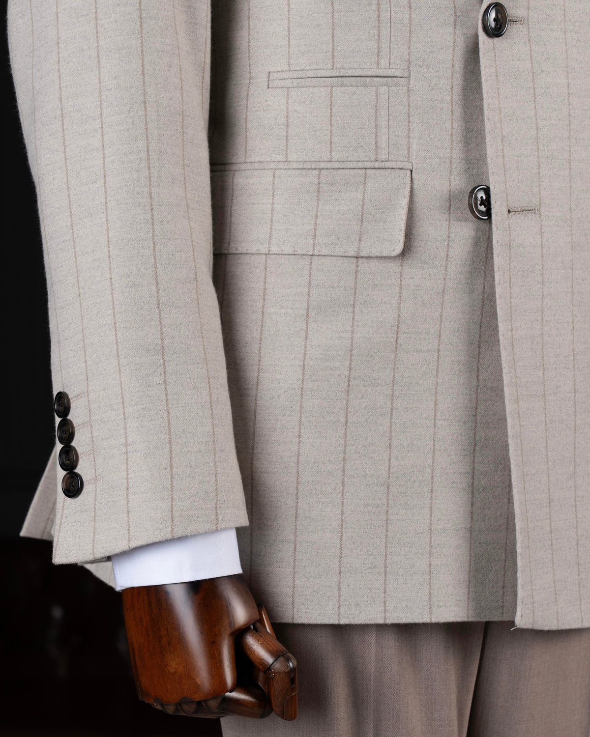 VIOSSI beige striped double breasted suit 2-piece front view - italian suit styles tuxedo double breasted menswear