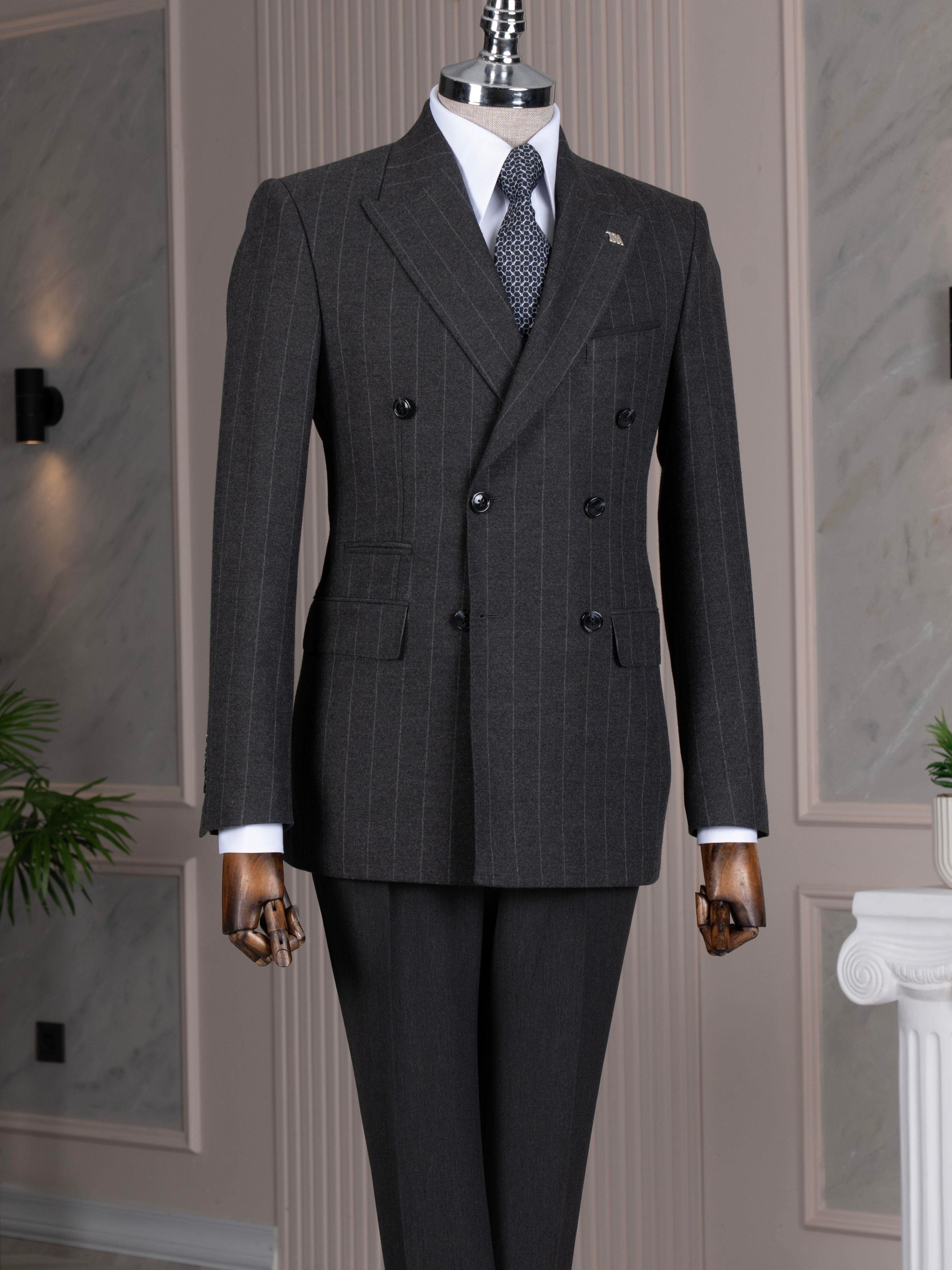 Grey Striped Double Breasted Suit 2-Piece