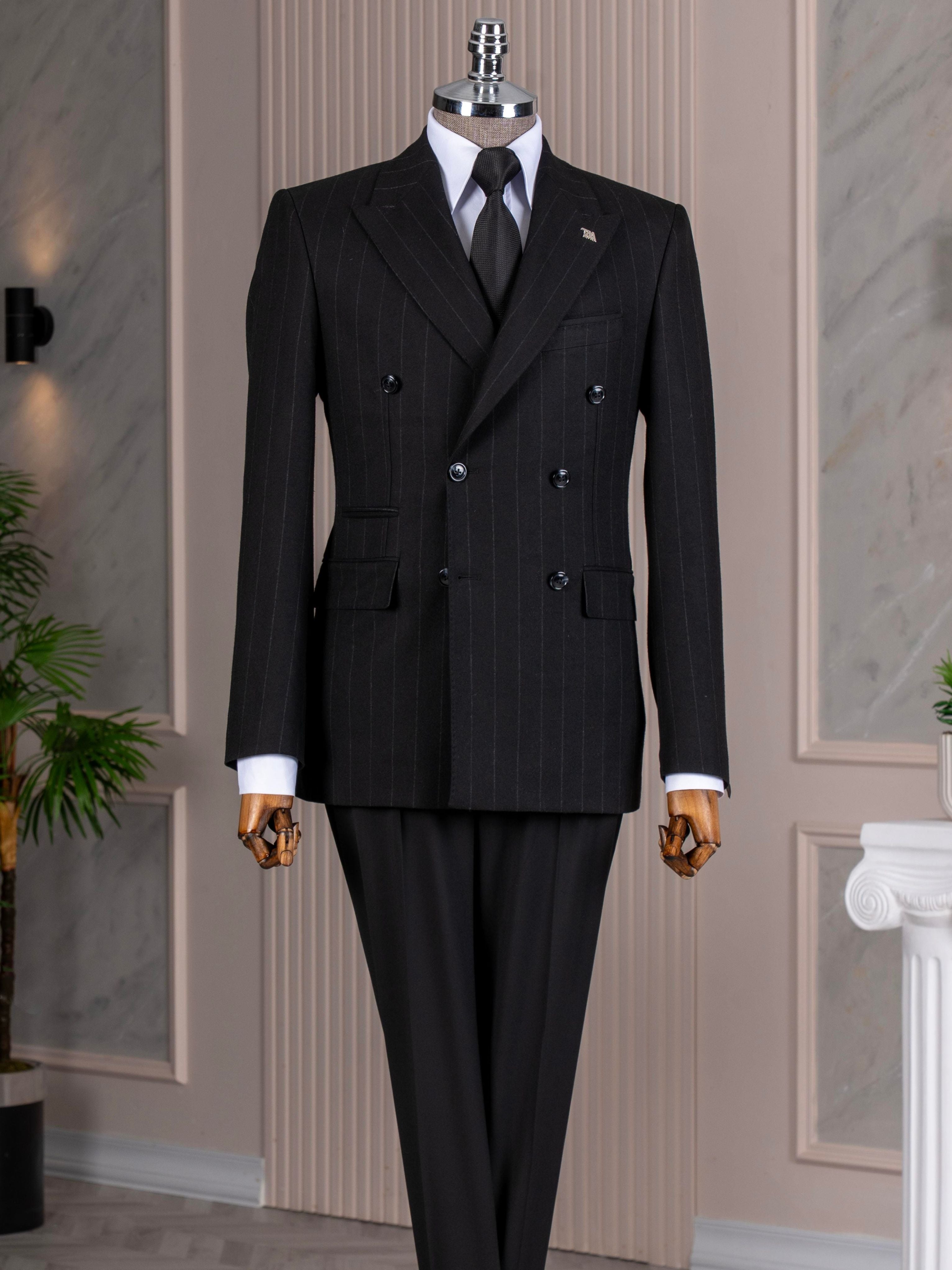 Black Striped Double Breasted Suit 2-Piece