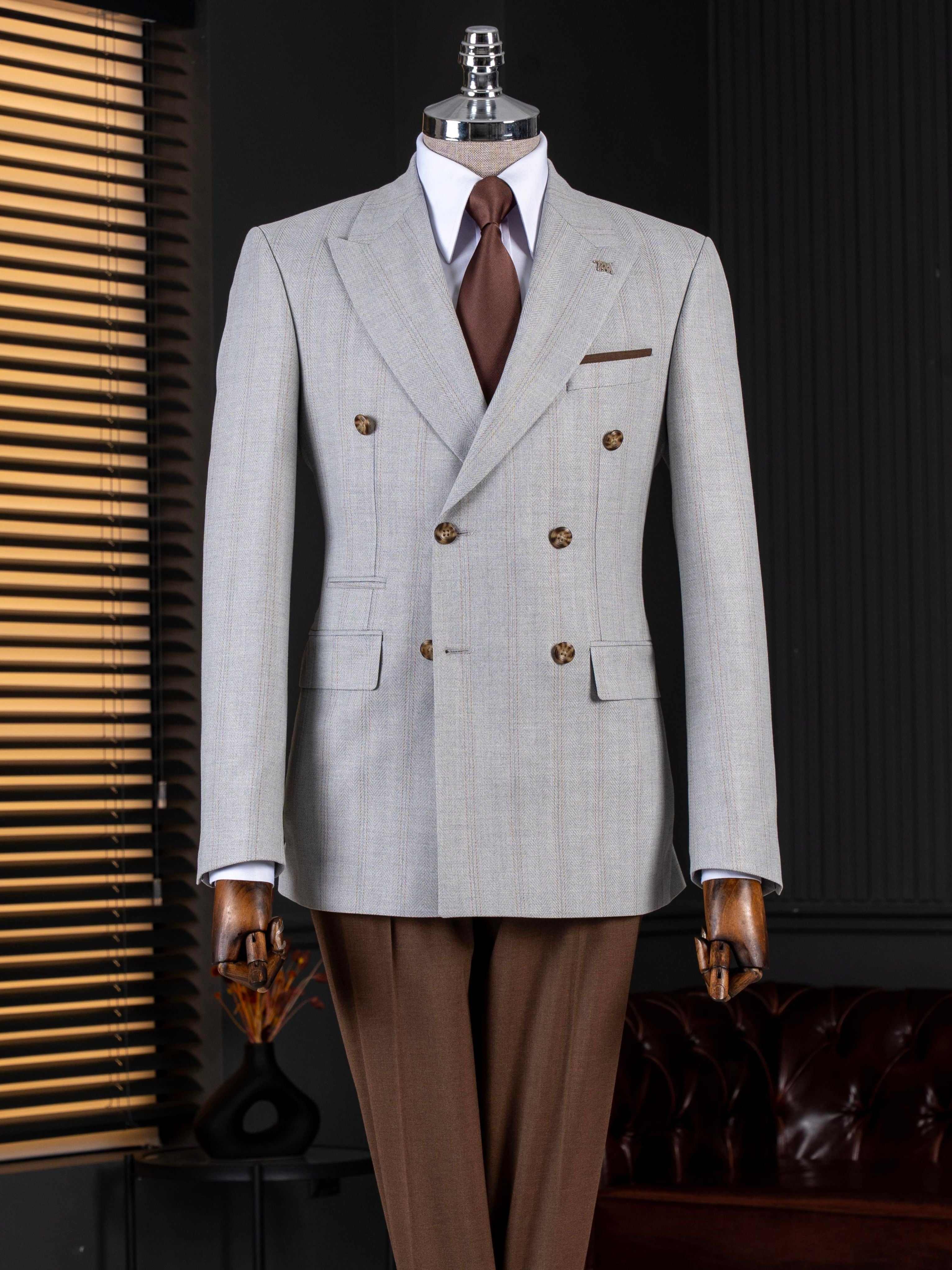 Grey Striped Double Breasted Suit 2-Piece