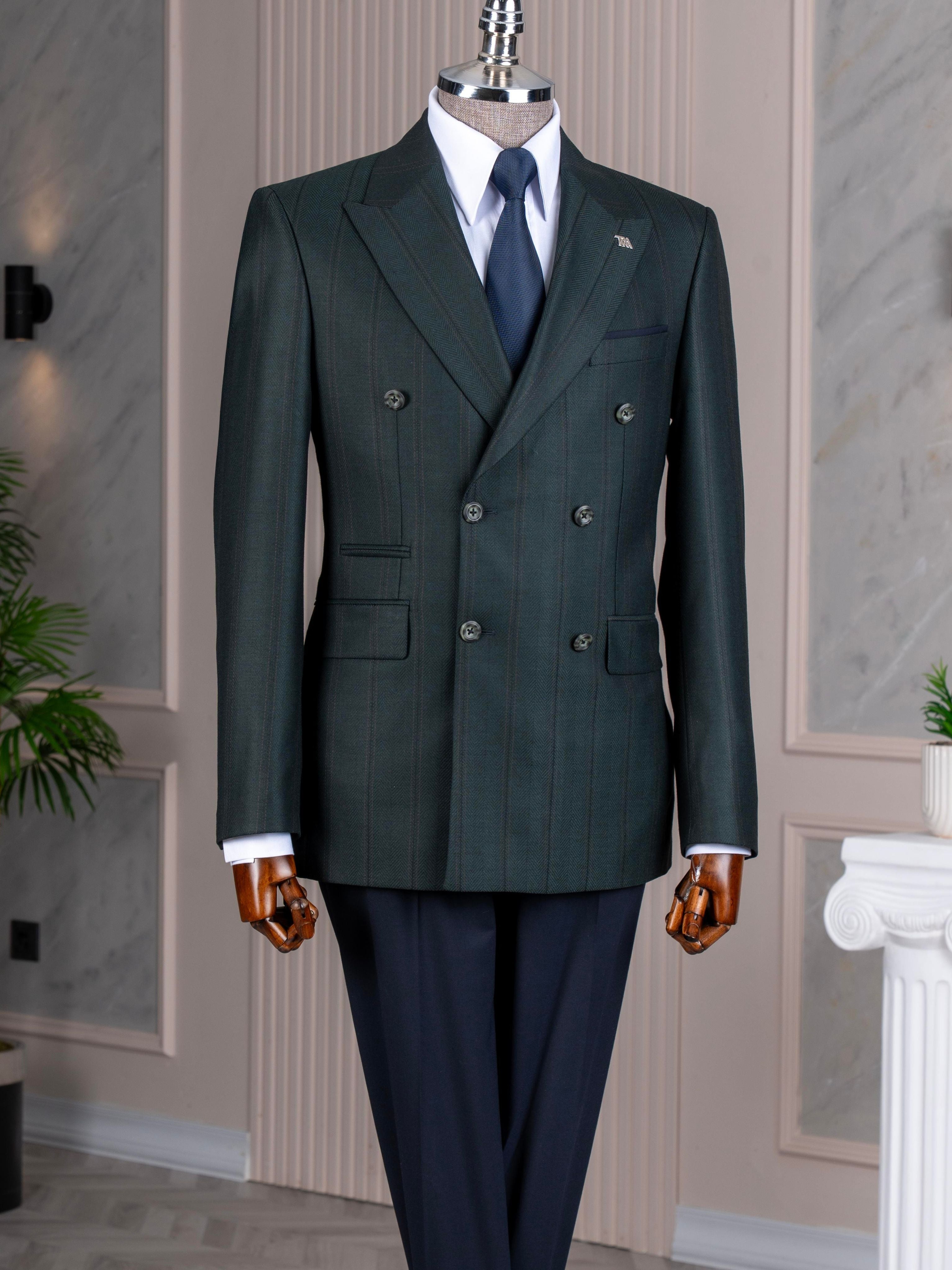 Green Striped Double Breasted Suit 2-Piece