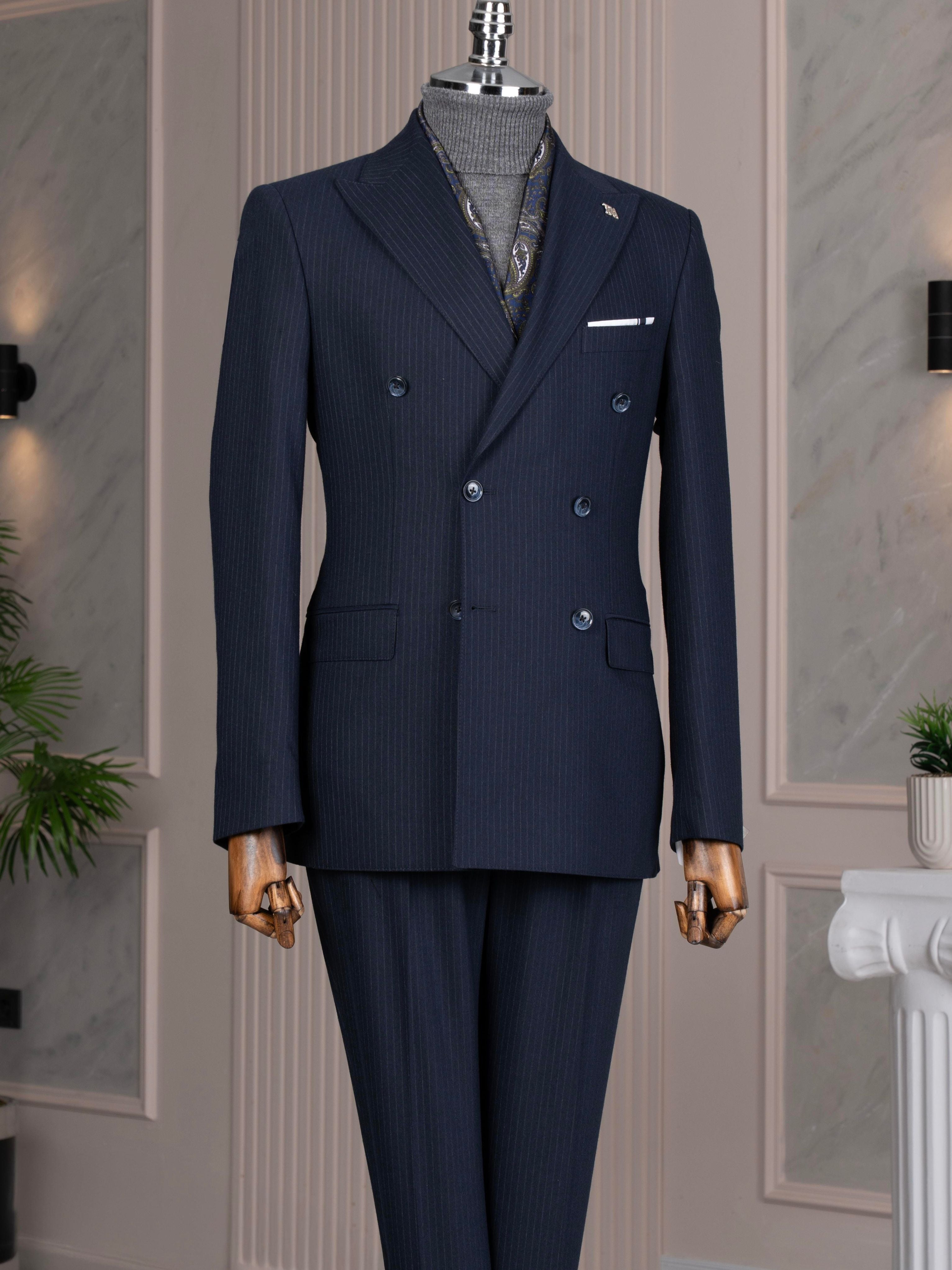 Navy Striped Double Breasted Suit 2-Piece