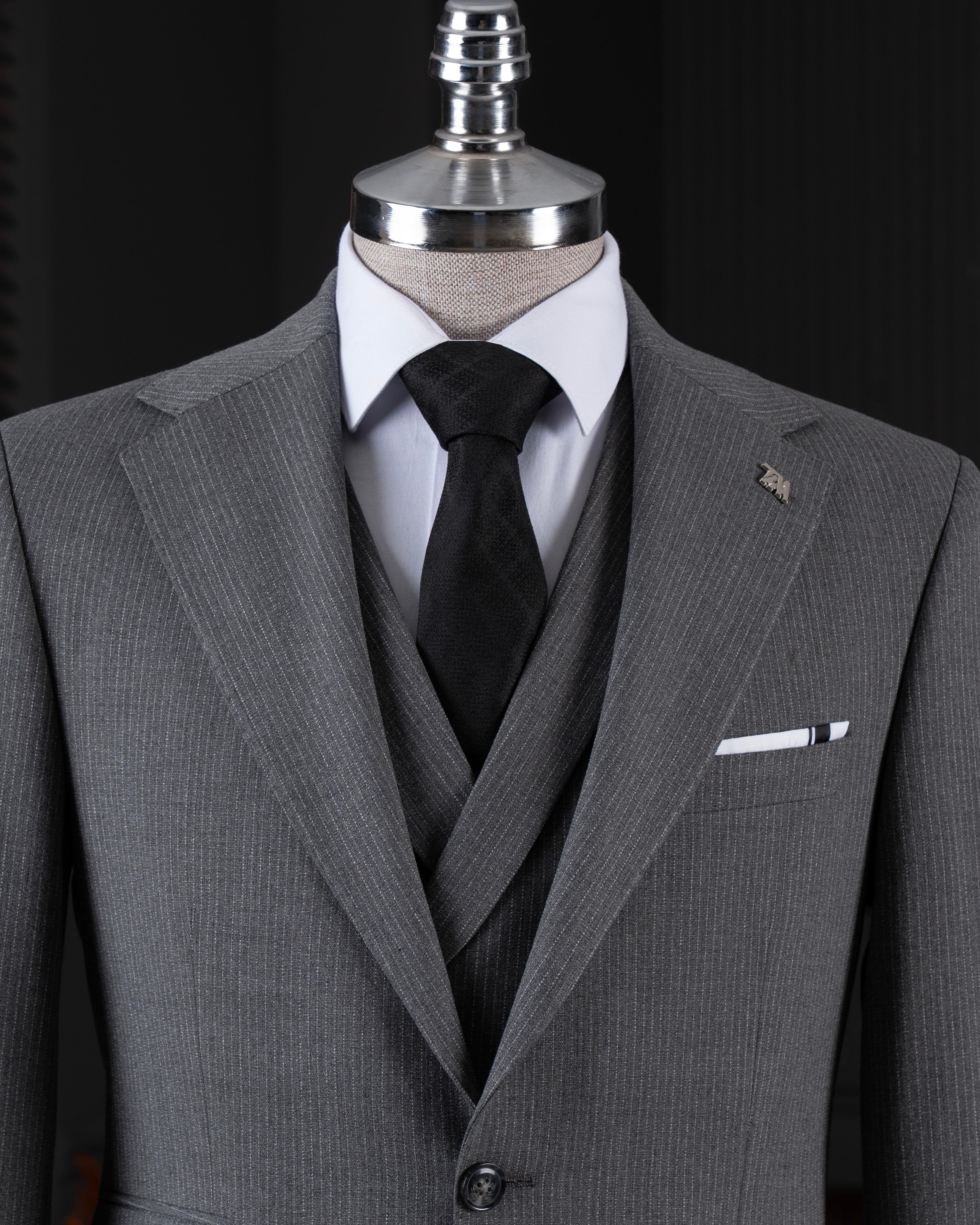 Grey Striped Slim-Fit Suit 3-Piece