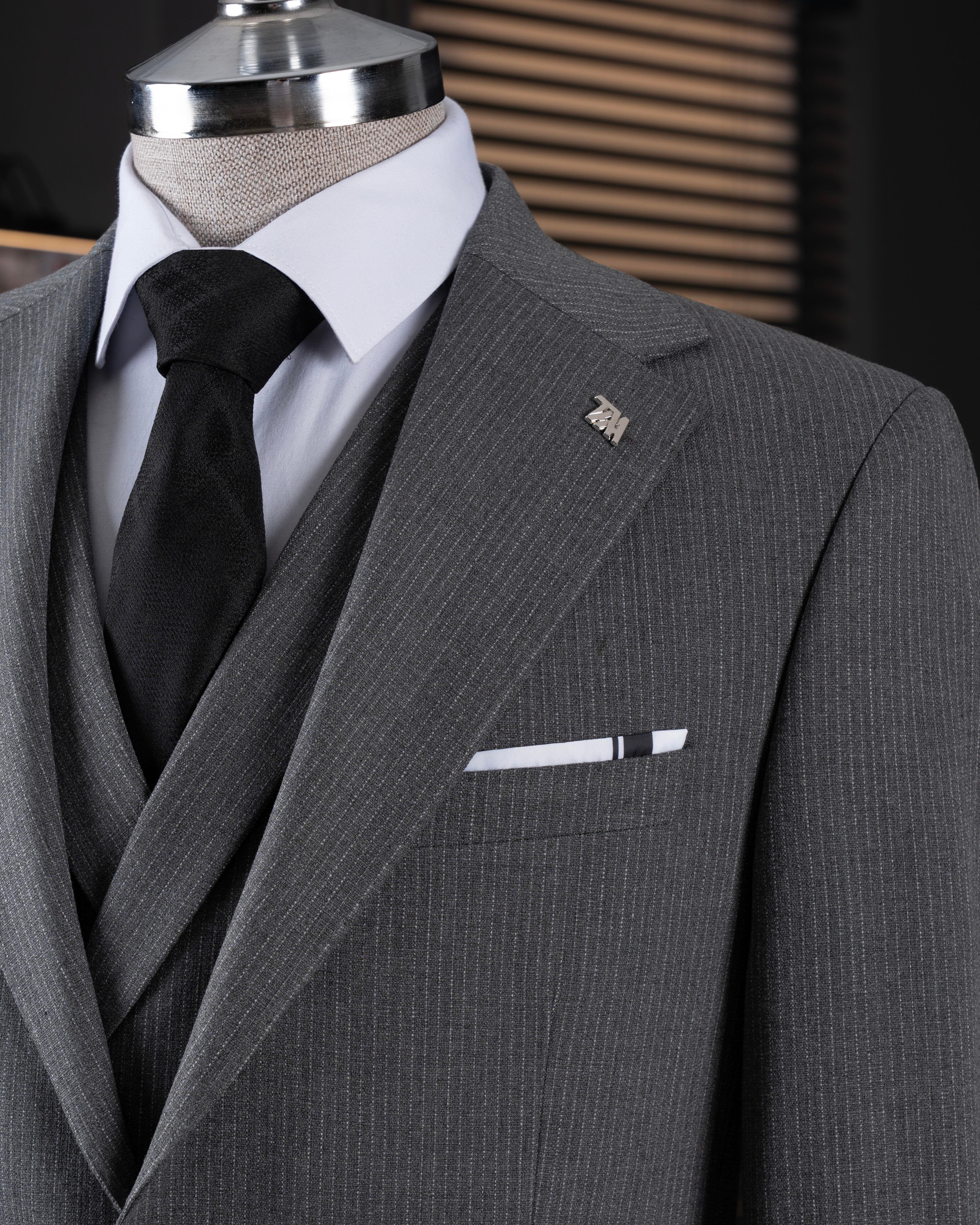 Grey Striped Slim-Fit Suit 3-Piece