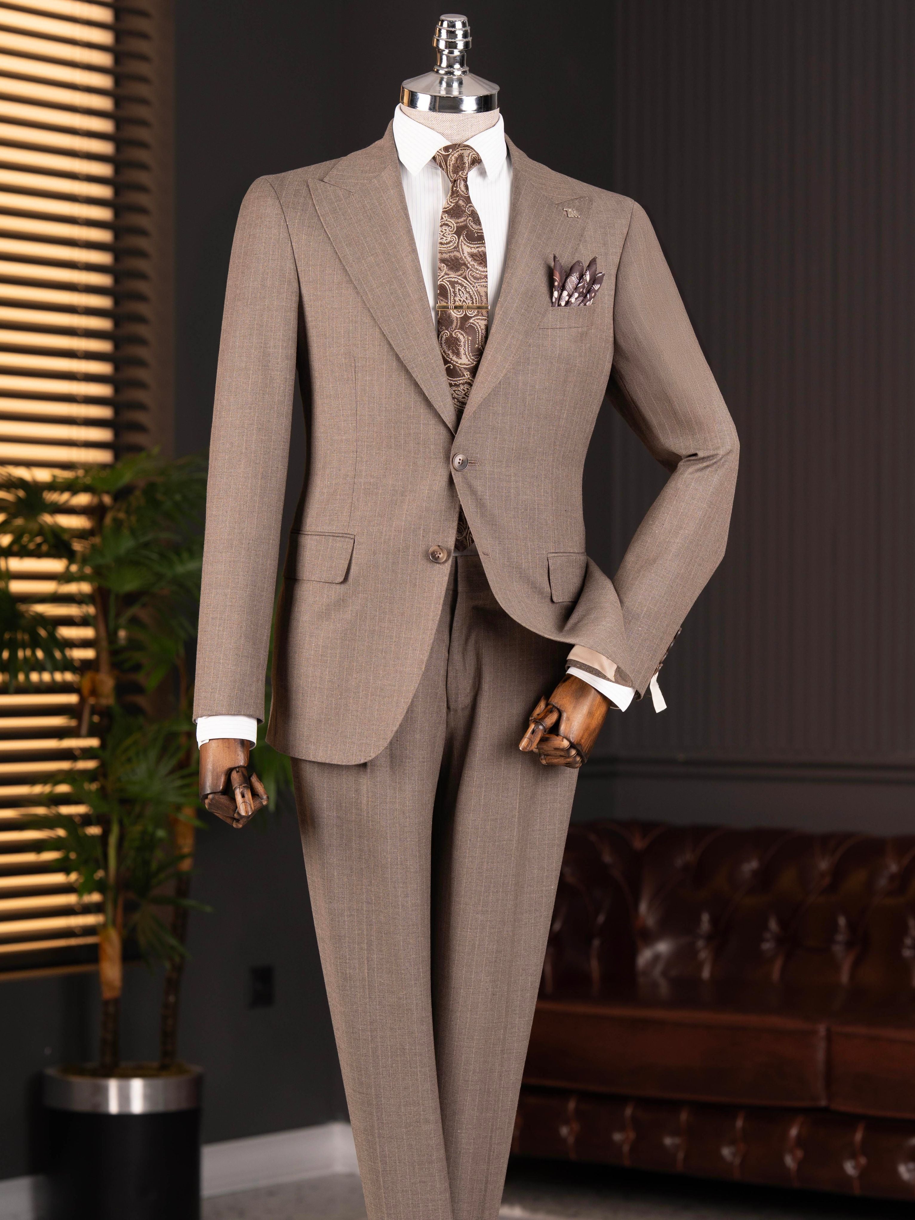 Camel Striped Slim-Fit Suit 2-Piece